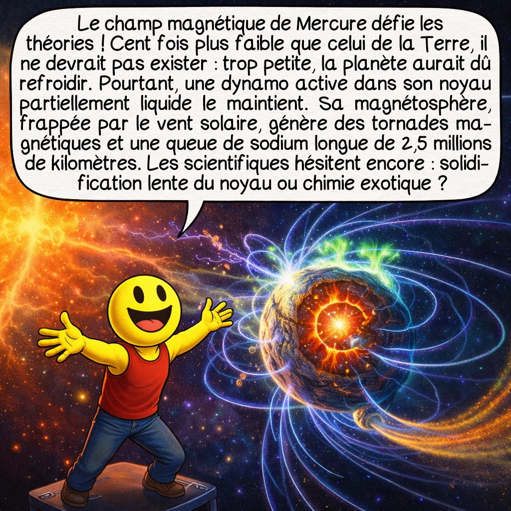 Mercure, case 7 : Le champ magnétique de Mercure défie les théories ! Cent fois plus faible que celui de la Terre, il ne devrait pas exister selon les modèles classiques — la planète est trop petite et devrait être refroidie. Pourtant, une dynamo active dans son noyau partiellement liquide le génère encore. Ce champ crée une magnétosphère miniature qui, bombardée par le vent solaire intense, produit des tornades magnétiques et projette des atomes de sodium formant une queue de 2,5 millions de kilomètres ! Les scientifiques débattent encore : noyau à solidification lente ou composition chimique exotique ?