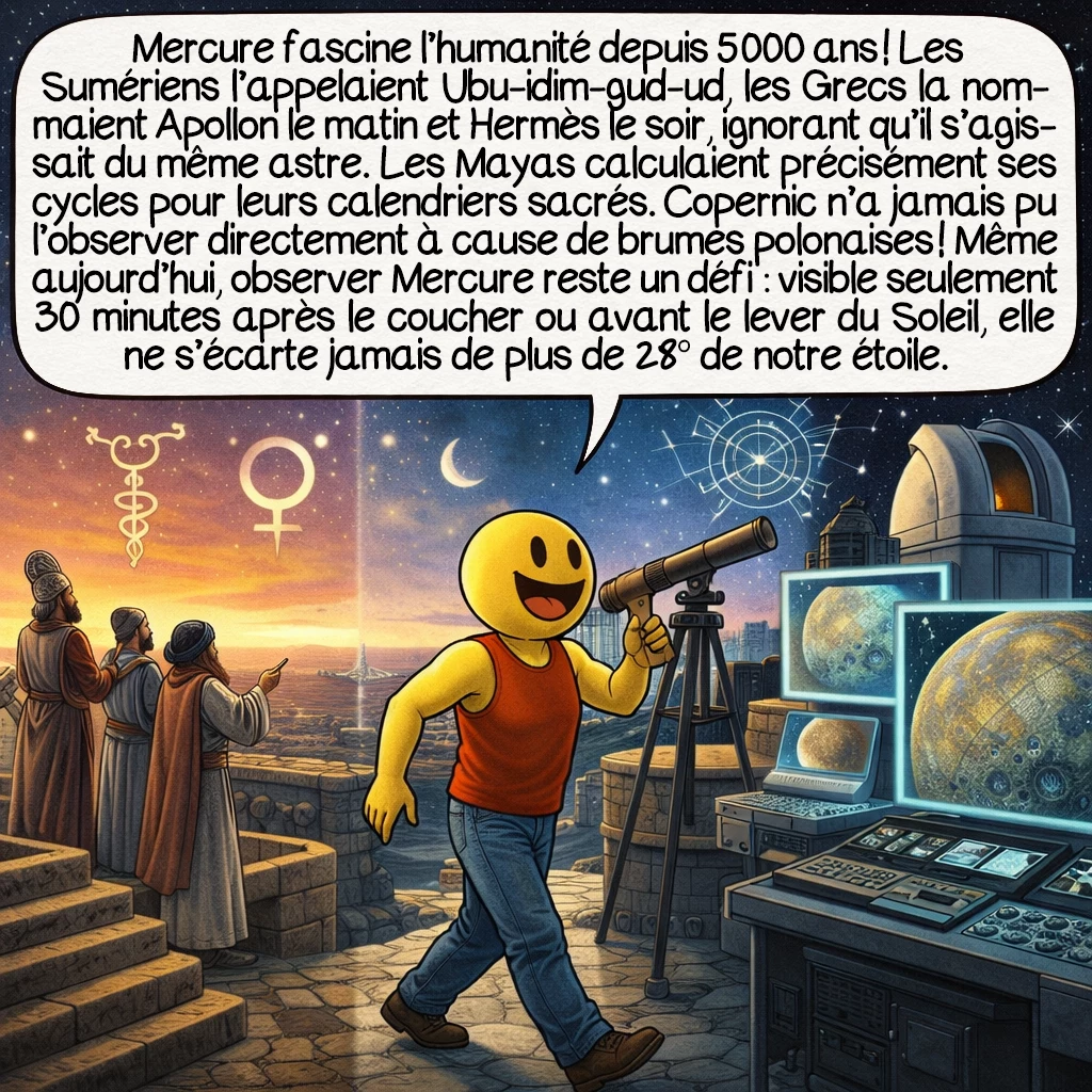 Mercure, case 8 : Mercure fascine l’humanité depuis 5 000 ans ! Les Sumériens l’appelaient Ubu-idim-gud-ud, les Grecs la nommaient Apollon le matin et Hermès le soir, ignorant qu’il s’agissait du même astre. Les Mayas calculaient précisément ses cycles pour leurs calendriers sacrés. Copernic n’a jamais pu l’observer directement à cause de brumes polonaises ! Même aujourd’hui, observer Mercure reste un défi : visible seulement 30 minutes après le coucher ou avant le lever du Soleil, elle ne s’écarte jamais de plus de 28° de notre étoile.