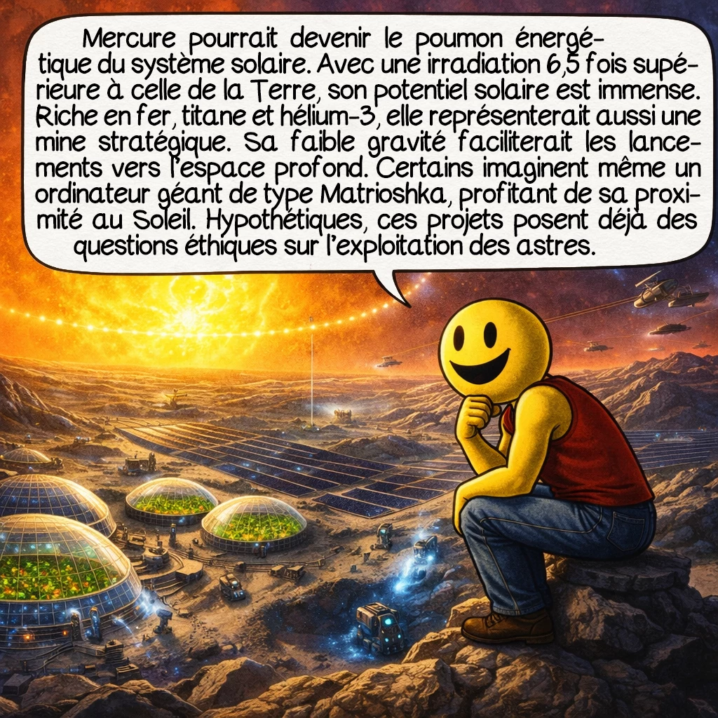 Mercure, case 9 : Mercure pourrait devenir le poumon énergétique du système solaire ! Avec une irradiation solaire 6,5 fois supérieure à la Terre, elle offre un potentiel photovoltaïque gigantesque. Ses ressources — fer, titane, hélium -3 pour la fusion nucléaire — en font une mine spatiale idéale. Sa faible gravité faciliterait les lancements vers l’espace profond. Certains envisagent même de la transformer en ordinateur géant Matrioshka, exploitant la proximité solaire pour des calculs impossibles ailleurs. Science-fiction aujourd’hui, ces projets soulèvent déjà des questions éthiques sur l’exploitation des corps célestes.