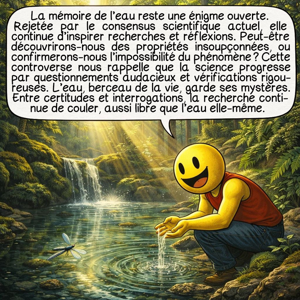 La mémoire de l’eau, case 10 : La mémoire de l’eau reste une énigme ouverte. Rejetée par le consensus scientifique actuel, elle continue d’inspirer recherches et réflexions. Peut-être découvrirons-nous des propriétés insoupçonnées, ou confirmerons-nous l’impossibilité du phénomène ? Cette controverse nous rappelle que la science progresse par questionnements audacieux et vérifications rigoureuses. L’eau, berceau de la vie, garde ses mystères. Entre certitudes et interrogations, la recherche continue de couler, aussi libre que l’eau elle-même.