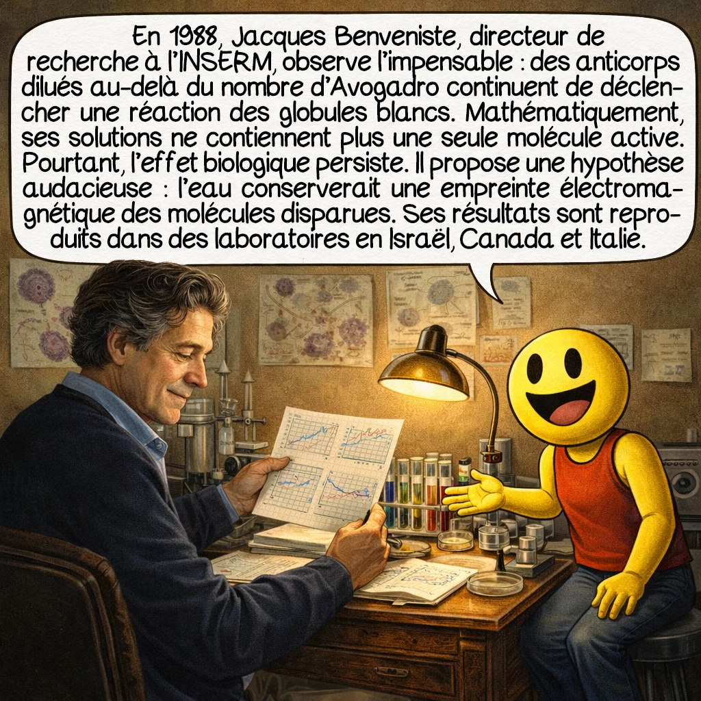 La mémoire de l’eau, case 2 : En 1988, Jacques Benveniste, directeur de recherche à l’INSERM, observe l’impensable : des anticorps dilués au-delà du nombre d’Avogadro continuent de déclencher une réaction des globules blancs. Mathématiquement, ses solutions ne contiennent plus une seule molécule active. Pourtant, l’effet biologique persiste. Il propose une hypothèse audacieuse : l’eau conserverait une empreinte électromagnétique des molécules disparues. Ses résultats sont reproduits dans des laboratoires en Israël, Canada et Italie.
