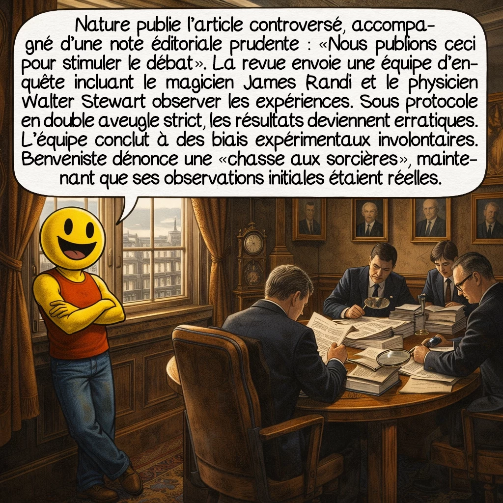 La mémoire de l’eau, case 3 : Nature publie l’article controversé, accompagné d’une note éditoriale prudente : « Nous publions ceci pour stimuler le débat ». La revue envoie une équipe d’enquête incluant le magicien James Randi et le physicien Walter Stewart observer les expériences. Sous protocole en double aveugle strict, les résultats deviennent erratiques. L’équipe conclut à des biais expérimentaux involontaires. Benveniste dénonce une « chasse aux sorcières », maintenant que ses observations initiales étaient réelles.