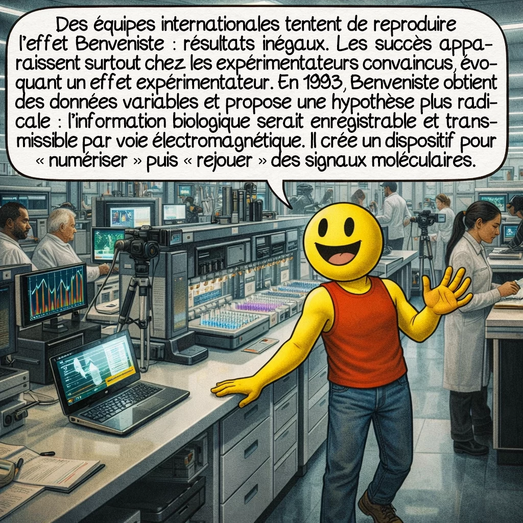 La mémoire de l’eau, case 4 : Des équipes mondiales tentent de reproduire l’effet Benveniste. Certaines y parviennent, d’autres échouent. Les succès surviennent souvent quand l’expérimentateur « croit » au phénomène, suggérant un possible effet expérimentateur. En 1993, Benveniste lui-même obtient des résultats variables selon les conditions. Il développe alors une théorie plus radicale : l’information biologique pourrait être enregistrée et transmise électromagnétiquement. Il crée un dispositif pour « numériser » puis « rejouer » des signaux moléculaires.