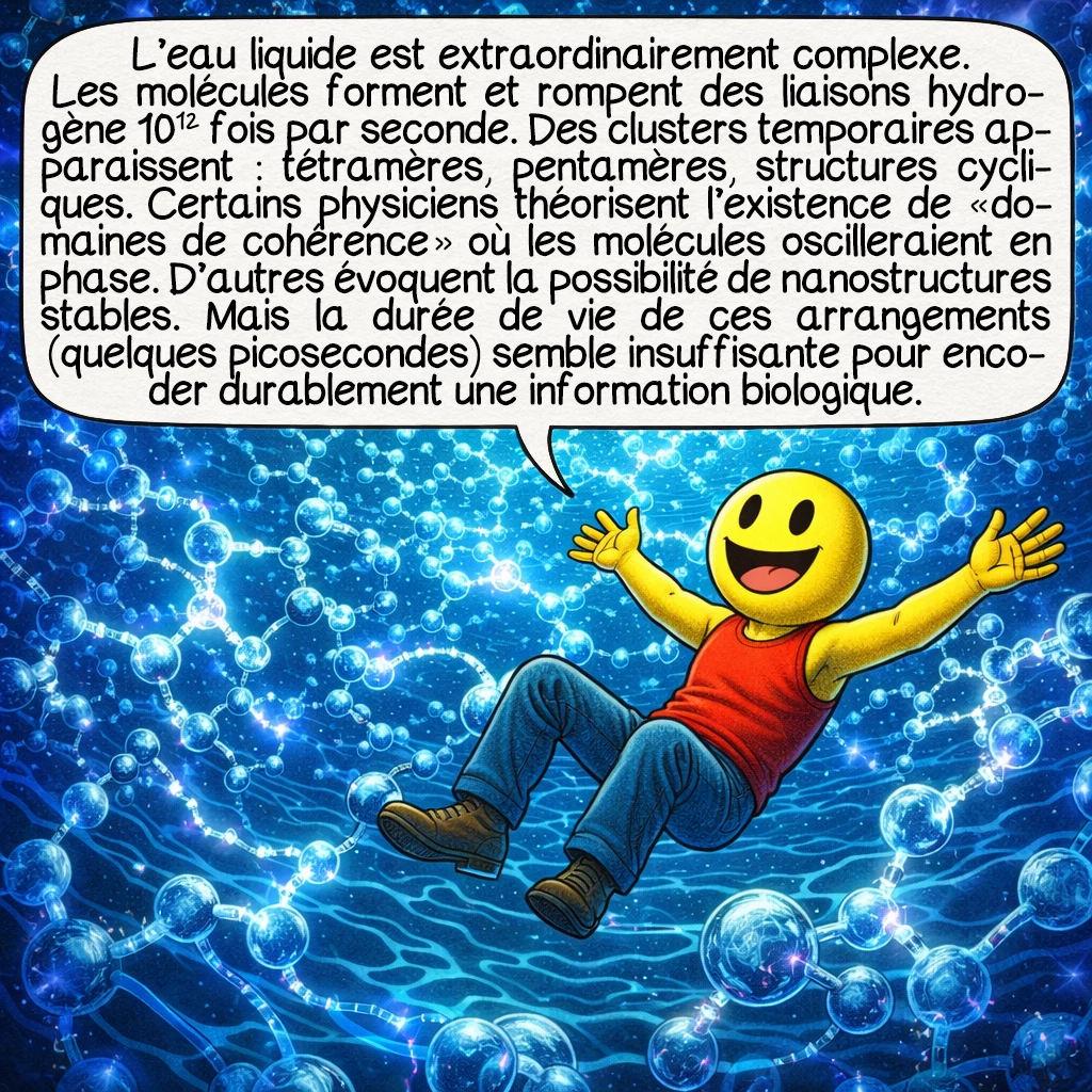 La mémoire de l’eau, case 5 : L’eau liquide est extraordinairement complexe. Les molécules forment et rompent des liaisons hydrogène 10^12 fois par seconde. Des clusters temporaires apparaissent : tétramères, pentamères, structures cycliques. Certains physiciens théorisent l’existence de « domaines de cohérence » où les molécules oscilleraient en phase. D’autres évoquent la possibilité de nanostructures stables. Mais la durée de vie de ces arrangements — quelques picosecondes — semble insuffisante pour encoder durablement une information biologique.