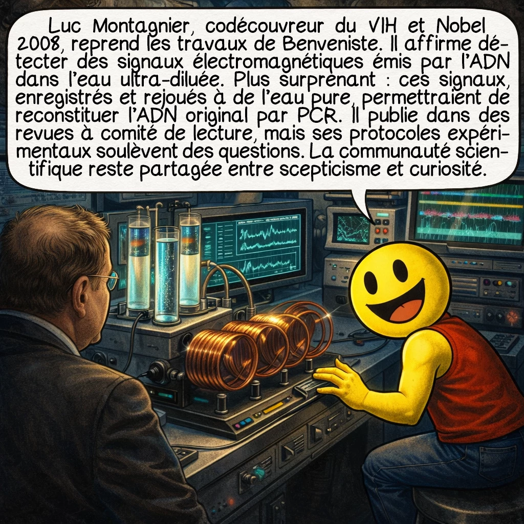 La mémoire de l’eau, case 6 : Luc Montagnier, codécouvreur du VIH et Nobel 2008, reprend les travaux de Benveniste. Il affirme détecter des signaux électromagnétiques émis par l’ADN dans l’eau ultra-diluée. Plus surprenant : ces signaux, enregistrés et rejoués à de l’eau pure, permettraient de reconstituer l’ADN original par PCR. Il publie dans des revues à comité de lecture, mais ses protocoles expérimentaux soulèvent des questions. La communauté scientifique reste partagée entre scepticisme et curiosité.