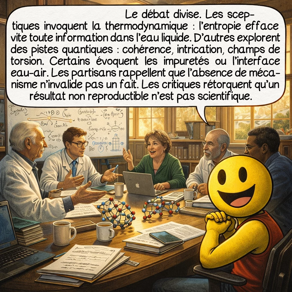 La mémoire de l’eau, case 7 : Le débat divise la science. Les sceptiques invoquent la thermodynamique : l’entropie détruit rapidement toute information dans l’eau liquide. D’autres explorent des pistes quantiques : cohérence, intrication, champs de torsion. Certains proposent que des impuretés ou l’interface eau-air jouent un rôle. Les défenseurs notent que l’absence de mécanisme connu n’invalide pas l’observation. Les critiques répondent que des résultats non reproductibles ne constituent pas une observation scientifique valide.
