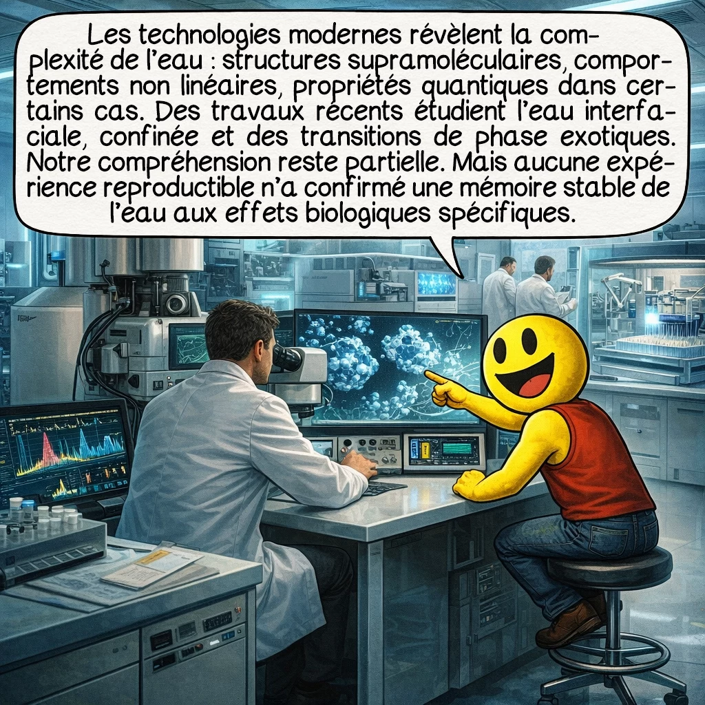 La mémoire de l’eau, case 8 : Les technologies modernes révèlent la richesse insoupçonnée de l’eau : structures supramoléculaires, comportements non linéaires, propriétés quantiques macroscopiques dans certaines conditions. Des études récentes explorent l’eau interfaciale, l’eau confinée, les transitions de phase exotiques. Certains résultats suggèrent que notre compréhension de l’eau reste incomplète. Mais aucune expérience reproductible n’a confirmé une mémoire stable de l’eau capable d’effets biologiques spécifiques.