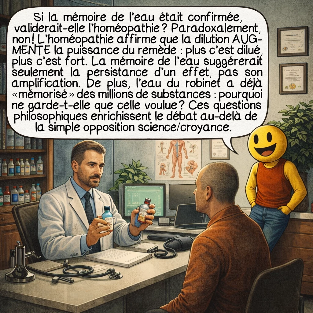 La mémoire de l’eau, case 9 : Si la mémoire de l’eau était confirmée, validerait-elle l’homéopathie ? Paradoxalement, non ! L’homéopathie affirme que la dilution AUGMENTE la puissance du remède — plus c’est dilué, plus c’est fort. La mémoire de l’eau suggérerait seulement la persistance d’un effet, pas son amplification. De plus, l’eau du robinet a déjà « mémorisé » des millions de substances : pourquoi ne garde-t-elle que celle voulue ? Ces questions philosophiques enrichissent le débat au-delà de la simple opposition science/croyance.