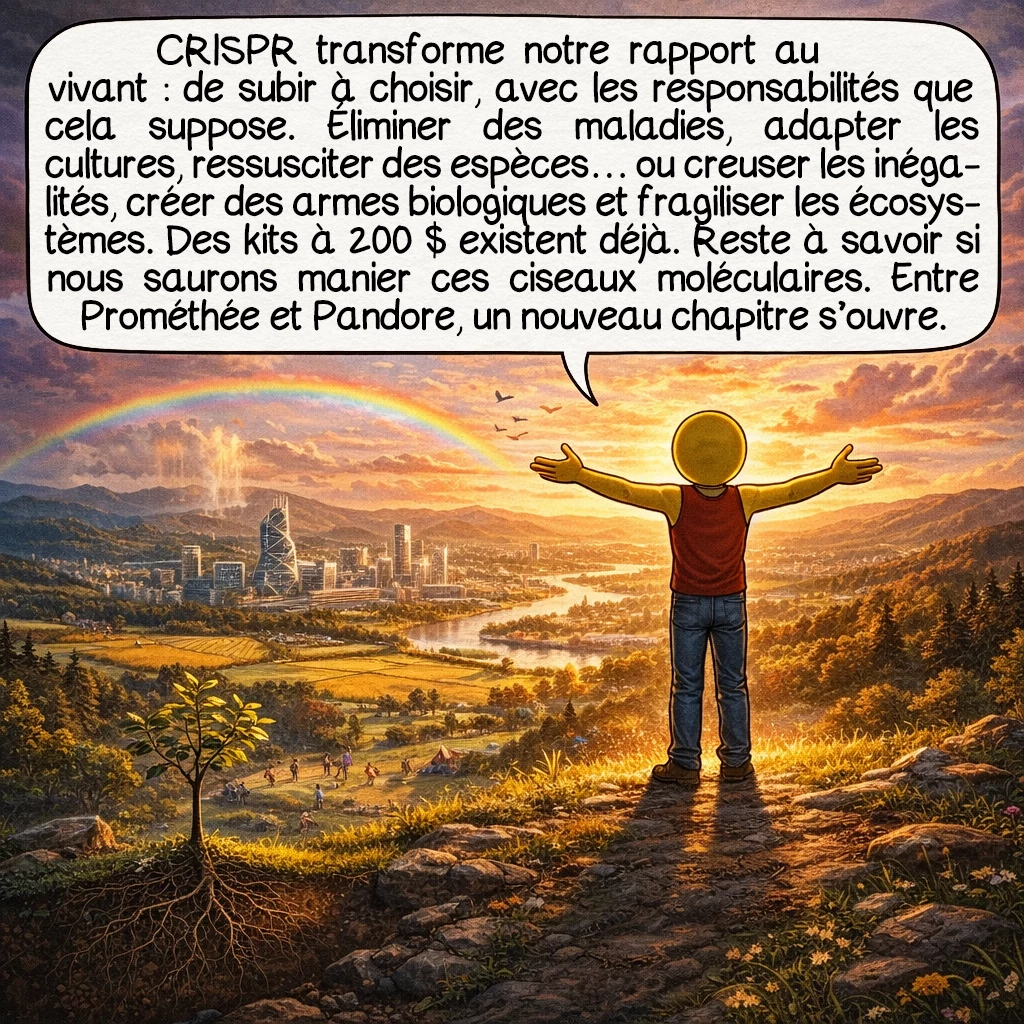 CRISPR-Cas9, case 10 : CRISPR transforme notre rapport au vivant : du subir au choisir, avec toute la responsabilité que cela implique. Nous pourrions éradiquer des milliers de maladies génétiques, adapter l'agriculture au climat, ressusciter des espèces éteintes. Ou créer de nouvelles inégalités, des armes biologiques, des écosystèmes déséquilibrés. La démocratisation s'accélère : des kits CRISPR à 200 dollars existent. L'histoire jugera si nous avons su manier sagement ces ciseaux moléculaires. Entre Prométhée et Pandore, l'humanité écrit un nouveau chapitre de son évolution.