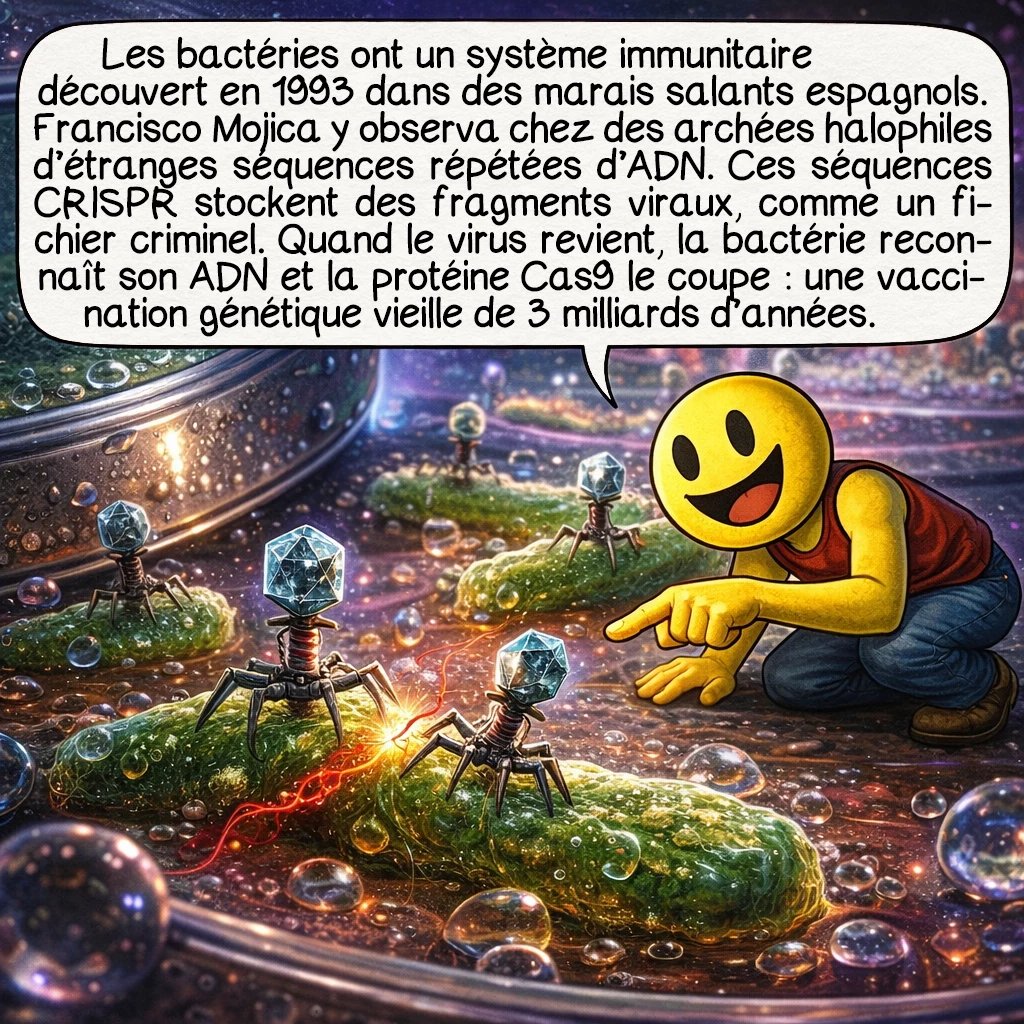 CRISPR-Cas9, case 2 : Les bactéries possèdent un système immunitaire sophistiqué découvert dans les marais salants espagnols en 1993. Francisco Mojica observa des séquences d'ADN répétitives étranges chez des archées halophiles. Ces séquences CRISPR - Clustered Regularly Interspaced Short Palindromic Repeats - stockent des fragments d'ADN viral comme une bibliothèque de criminels recherchés. Quand un virus connu attaque, la bactérie reconnaît son ADN et envoie la protéine Cas9 le découper. Un système de vaccination génétique vieux de 3 milliards d'années !