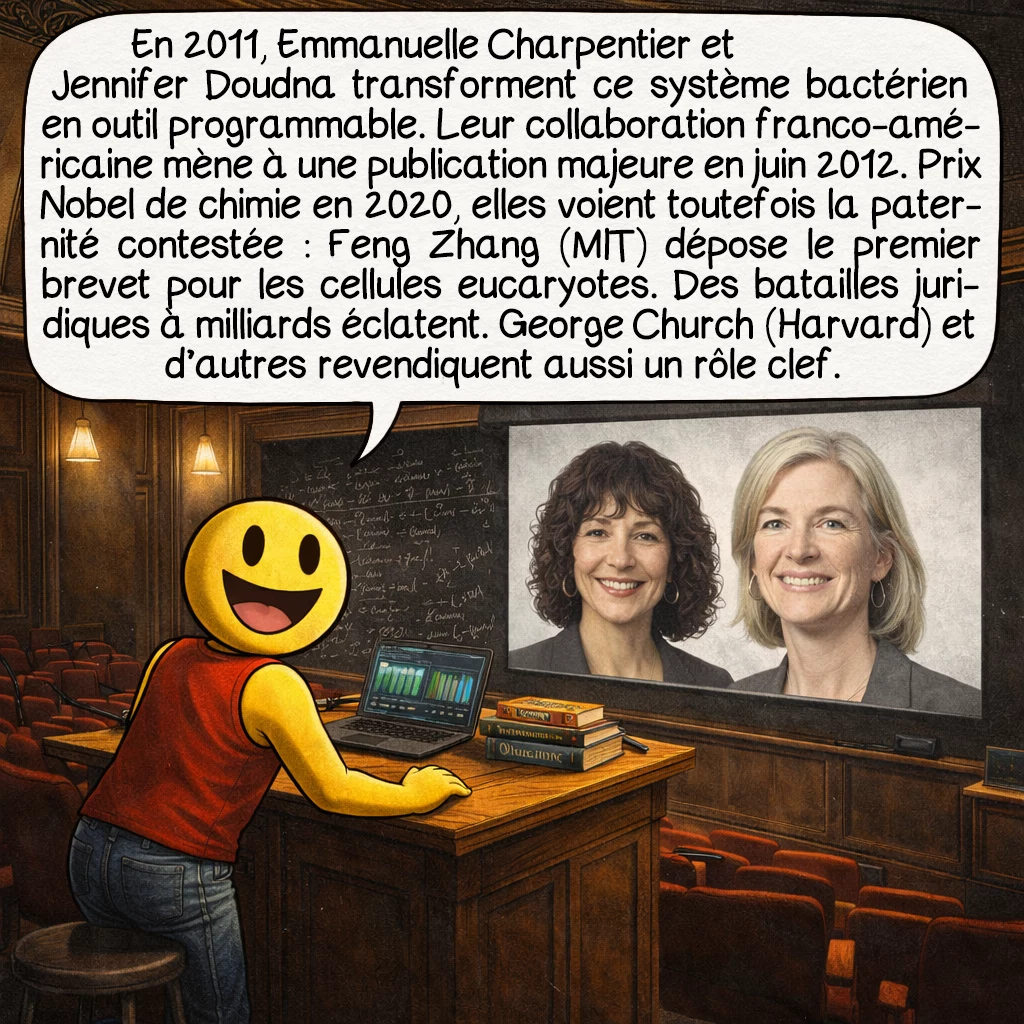 CRISPR-Cas9, case 3 : En 2011, Emmanuelle Charpentier et Jennifer Doudna transforment ce mécanisme bactérien en outil biotechnologique programmable. Leur collaboration franco-américaine aboutit à une publication révolutionnaire en juin 2012. Elles reçoivent le Nobel de chimie en 2020, mais la paternité de l'invention reste disputée : Feng Zhang du MIT dépose le premier brevet sur les cellules eucaryotes. Les batailles juridiques impliquent des milliards de dollars et révèlent les enjeux économiques colossaux. George Church à Harvard et d'autres pionniers revendiquent aussi des contributions cruciales.