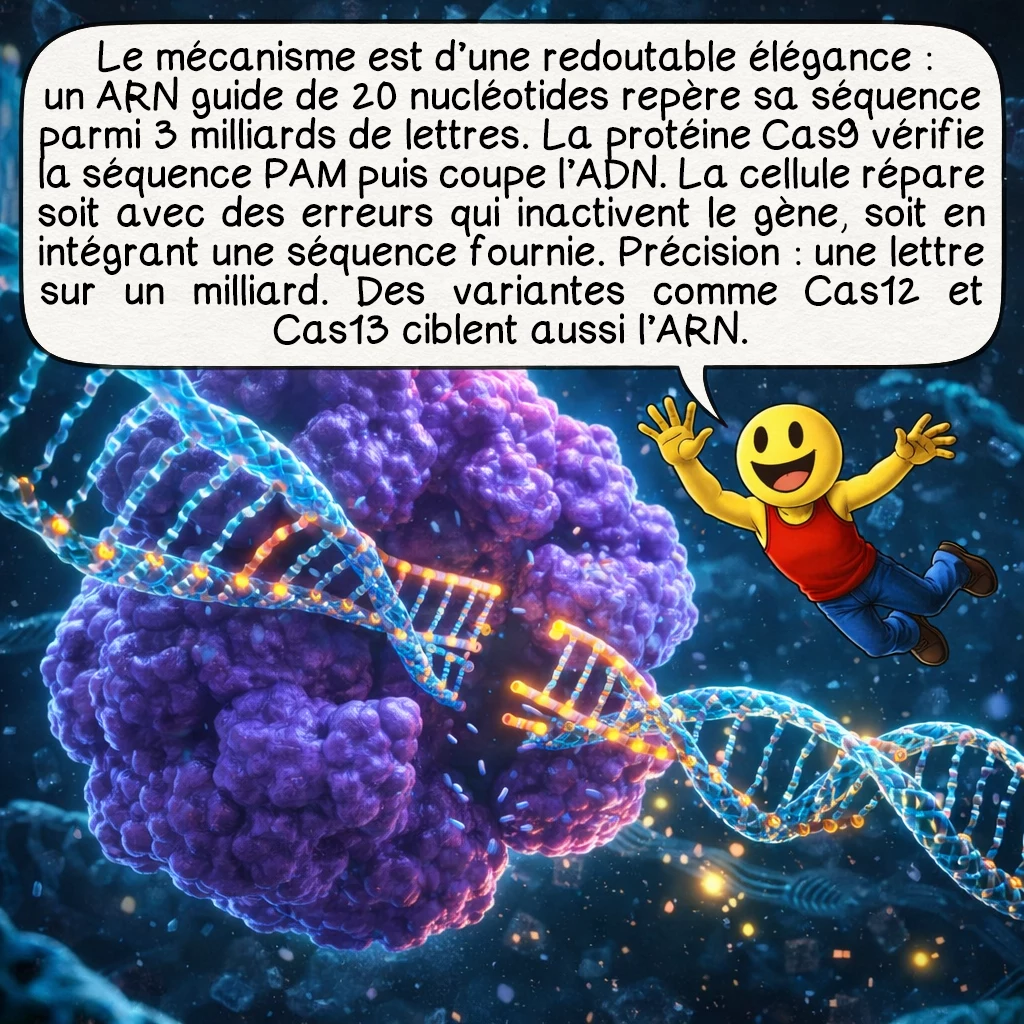 CRISPR-Cas9, case 4 : Le mécanisme est d'une élégance redoutable : l'ARN guide de 20 nucléotides trouve sa séquence complémentaire dans l'immensité du génome - 3 milliards de lettres chez l'humain. La protéine Cas9 vérifie la présence d'une séquence PAM (Protospacer Adjacent Motif) puis coupe les deux brins d'ADN. La cellule répare la cassure soit en recollant les morceaux avec des erreurs qui désactivent le gène, soit en intégrant une séquence correctrice fournie par les scientifiques. Précision : une lettre sur un milliard. Des variantes comme Cas12 et Cas13 ciblent aussi l'ARN.