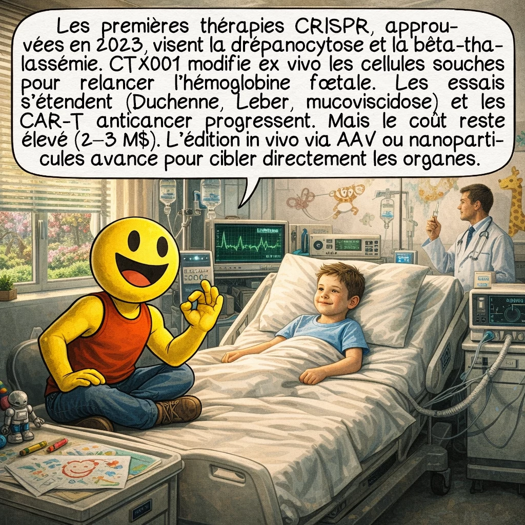CRISPR-Cas9, case 5 : Les premières thérapies CRISPR approuvées traitent la drépanocytose et la bêta-thalassémie en 2023. CTX001 modifie les cellules souches sanguines ex vivo pour réactiver l'hémoglobine fœtale. Les essais cliniques explosent : dystrophie musculaire de Duchenne, amaurose congénitale de Leber, mucoviscidose. Les CAR-T cells anticancer deviennent plus efficaces grâce à CRISPR. Mais le coût reste prohibitif : 2 à 3 millions de dollars par traitement. L'édition in vivo via virus AAV ou nanoparticules lipidiques progresse rapidement pour traiter directement les organes.