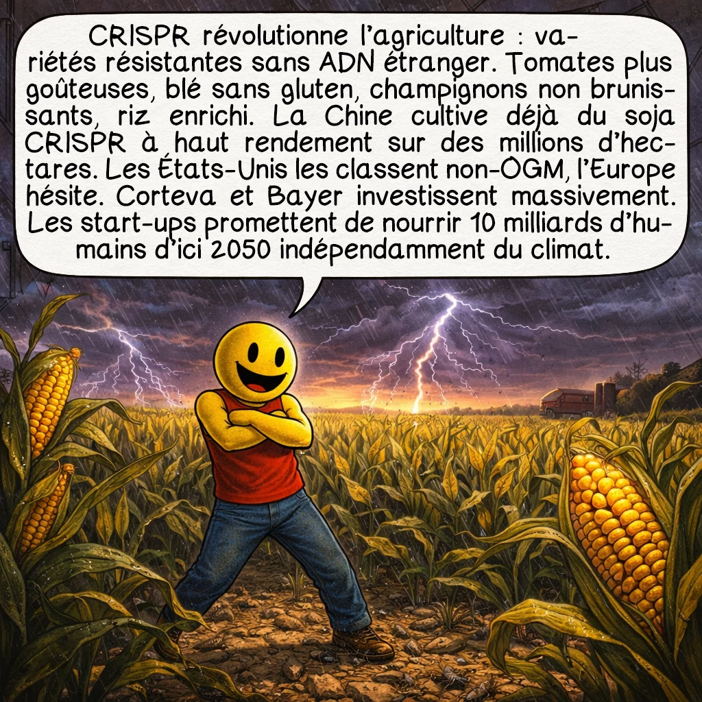 CRISPR-Cas9, case 6 : L'agriculture adopte massivement CRISPR pour créer des variétés résistantes sans transgène étranger. Tomates plus savoureuses, blé sans gluten, champignons anti-brunissement, riz enrichi en vitamines. La Chine cultive déjà du soja CRISPR à haut rendement sur des millions d'hectares. Les États-Unis dérégulent ces cultures jugées non-OGM car sans ADN étranger. L'Europe hésite, divisée entre innovation et principe de précaution. Corteva et Bayer investissent massivement. Les start-ups promettent de nourrir 10 milliards d'humains en 2050 malgré le changement climatique.