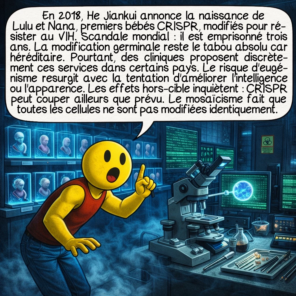 CRISPR-Cas9, case 7 : En 2018, He Jiankui annonce la naissance de Lulu et Nana, premiers bébés CRISPR, modifiés pour résister au VIH. Scandale mondial : il est emprisonné trois ans. La modification germinale reste le tabou absolu car héréditaire. Pourtant, des cliniques proposent discrètement ces services dans certains pays. Le risque d'eugénisme resurgit avec la tentation d'améliorer l'intelligence ou l'apparence. Les effets hors-cible inquiètent : CRISPR peut couper ailleurs que prévu. Le mosaïcisme fait que toutes les cellules ne sont pas modifiées identiquement.