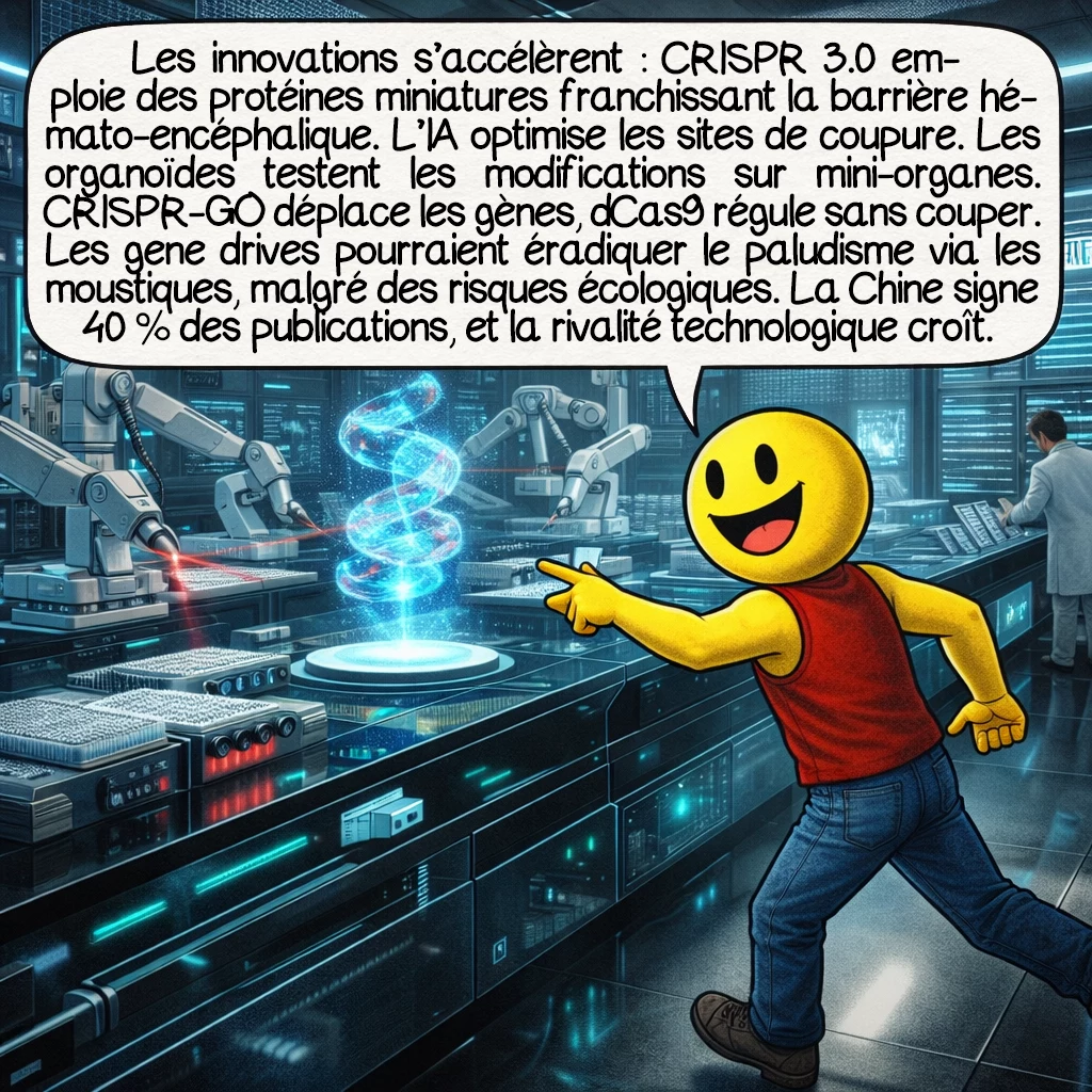 CRISPR-Cas9, case 9 : Les innovations s'accélèrent : CRISPR 3.0 avec protéines miniaturisées pour traverser la barrière hémato-encéphalique. L'intelligence artificielle prédit les sites de coupure optimaux. Les organoïdes permettent de tester les éditions sur des mini-organes humains. CRISPR-GO déplace les gènes dans le noyau. dCas9 module l'expression sans couper. Les gene drives pourraient éradiquer le paludisme en modifiant les moustiques. Mais les conséquences écologiques inquiètent. La Chine domine avec 40% des publications mondiales. La course technologique s'intensifie entre superpuissances.