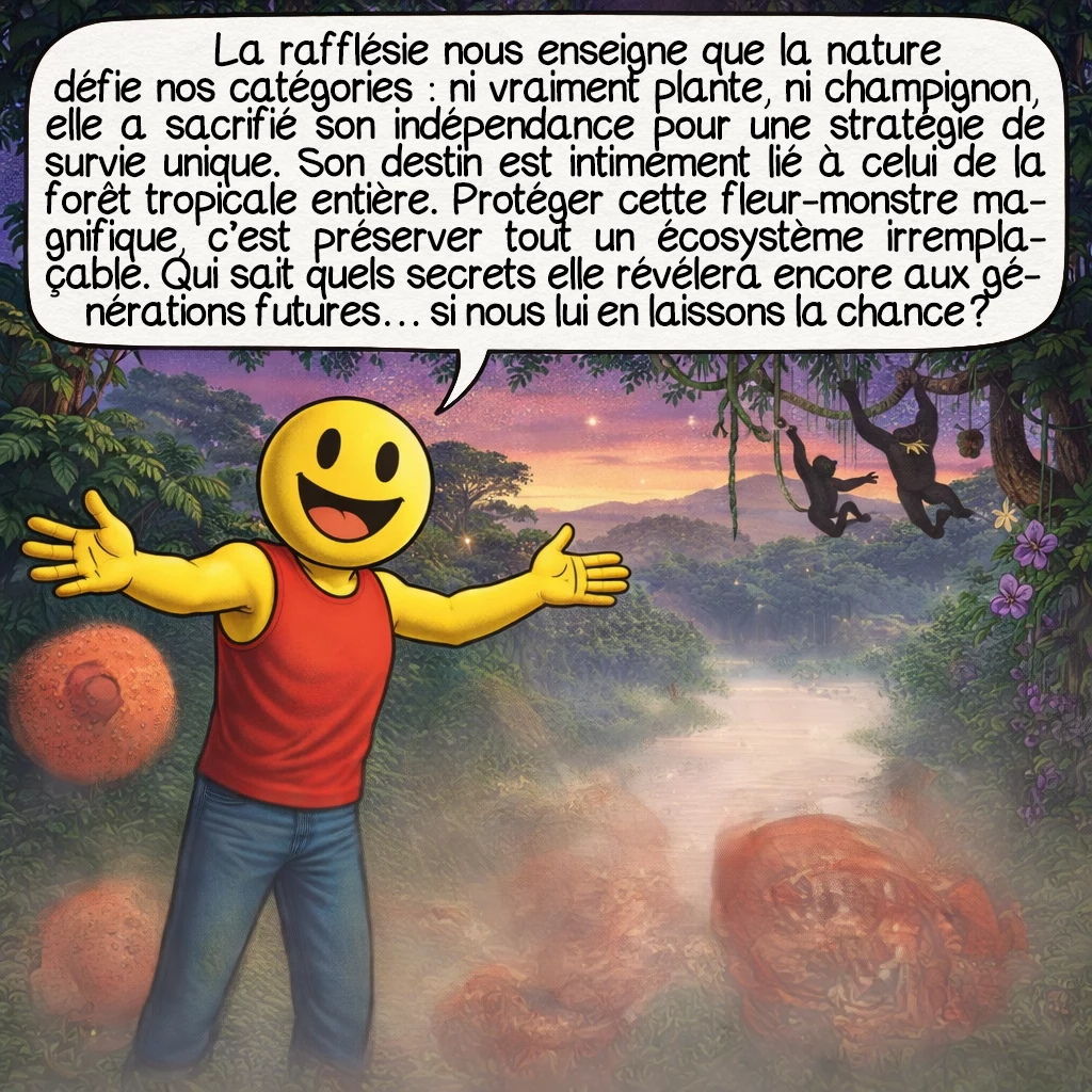 La rafflésie, case 10 : La rafflésie nous enseigne que la nature défie nos catégories : ni vraiment plante, ni champignon, elle a sacrifié son indépendance pour une stratégie de survie unique. Son destin est intimement lié à celui de la forêt tropicale entière. Protéger cette fleur-monstre magnifique, c’est préserver tout un écosystème irremplaçable. Qui sait quels secrets elle révélera encore aux générations futures… si nous lui en laissons la chance ?