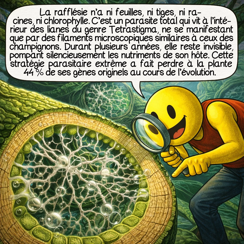 La rafflésie, case 2 : Surprise ! La rafflésie n’a ni feuilles, ni tiges, ni racines, ni chlorophylle. C’est un parasite total qui vit à l’intérieur des lianes du genre Tetrastigma, ne se manifestant que par des filaments microscopiques similaires à ceux des champignons. Durant plusieurs années, elle reste invisible, pompant silencieusement les nutriments de son hôte. Cette stratégie parasitaire extrême a fait perdre à la plante 44 % de ses gènes originels au cours de l’évolution.