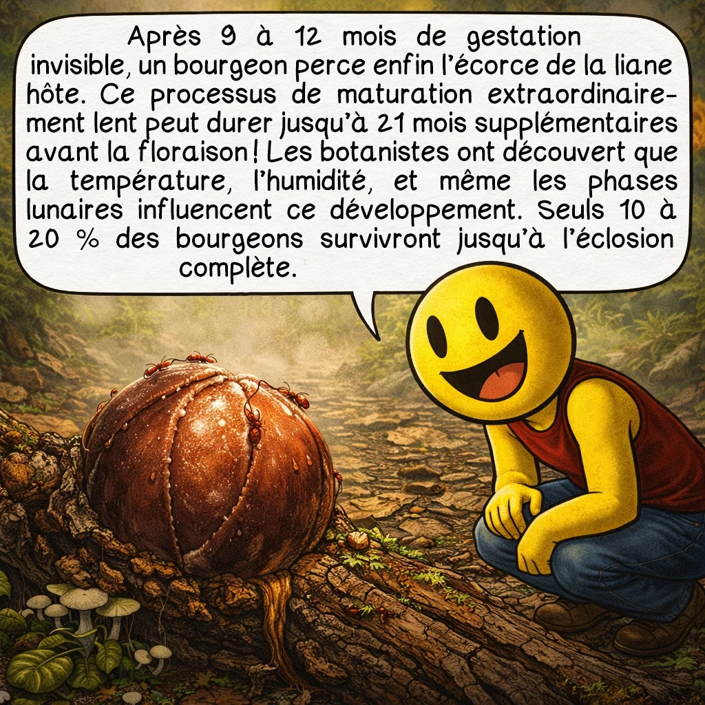 La rafflésie, case 3 : Après 9 à 12 mois de gestation invisible, un bourgeon perce enfin l’écorce de la liane hôte. Ce processus de maturation extraordinairement lent peut durer jusqu’à 21 mois supplémentaires avant la floraison ! Les botanistes ont découvert que la température, l’humidité, et même les phases lunaires influencent ce développement. Seuls 10 à 20 % des bourgeons survivront jusqu’à l’éclosion complète.