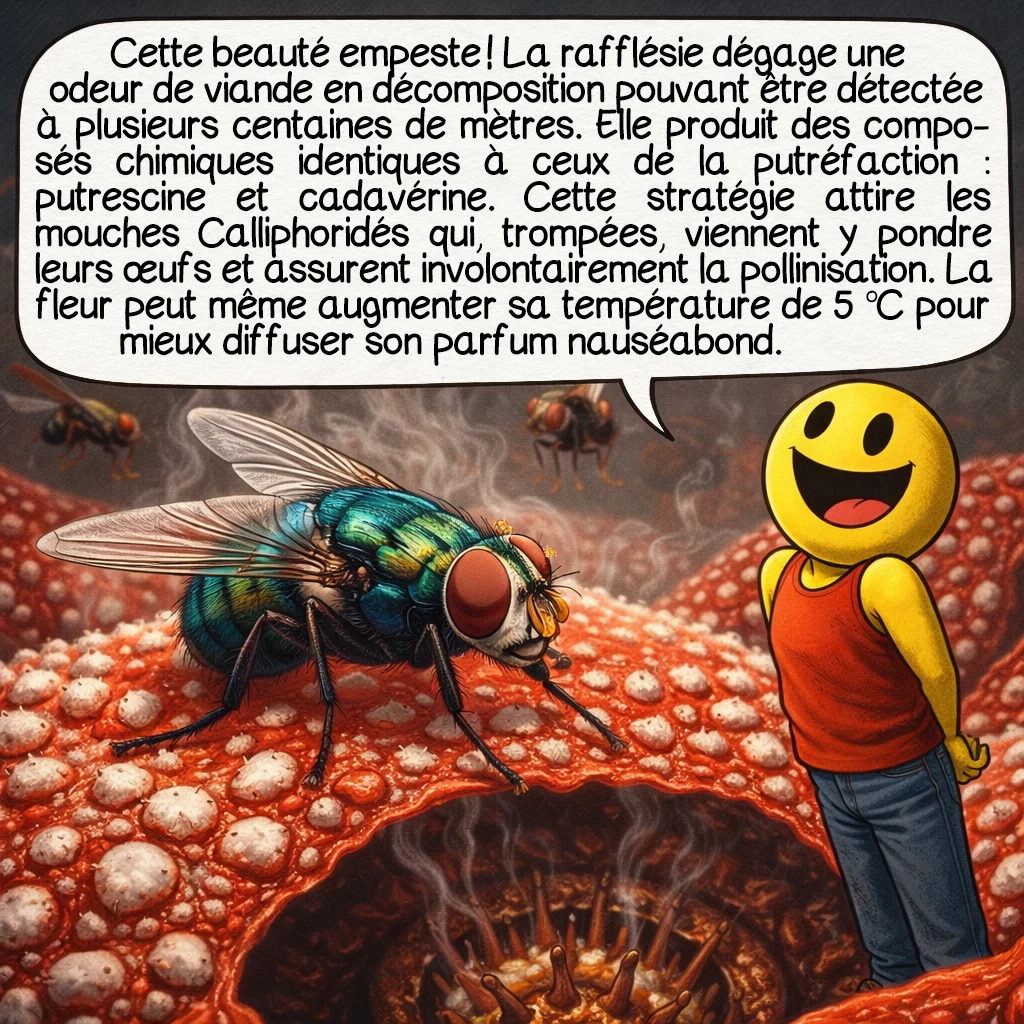 La rafflésie, case 4 : Cette beauté empeste ! La rafflésie dégage une odeur de viande en décomposition pouvant être détectée à plusieurs centaines de mètres. Elle produit des composés chimiques identiques à ceux de la putréfaction : putrescine et cadavérine. Cette stratégie attire les mouches Calliphoridae qui, trompées, viennent y pondre leurs œufs et assurent involontairement la pollinisation. La fleur peut même augmenter sa température de 5 °C pour mieux diffuser son parfum nauséabond.