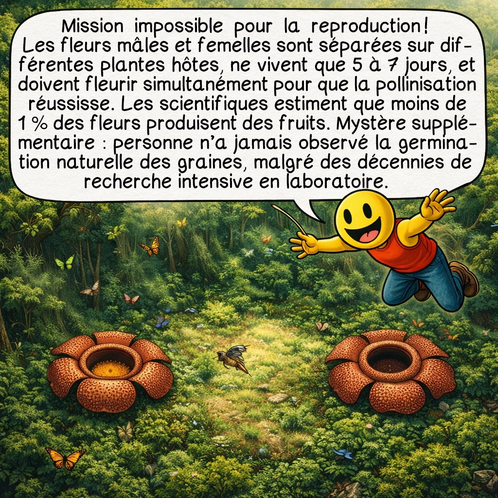 La rafflésie, case 5 : Mission impossible pour la reproduction ! Les fleurs mâles et femelles sont séparées sur différentes plantes hôtes, ne vivent que 5 à 7 jours, et doivent fleurir simultanément pour que la pollinisation réussisse. Les scientifiques estiment que moins de 1 % des fleurs produisent des fruits. Mystère supplémentaire : personne n’a jamais observé la germination naturelle des graines, malgré des décennies de recherche intensive en laboratoire.