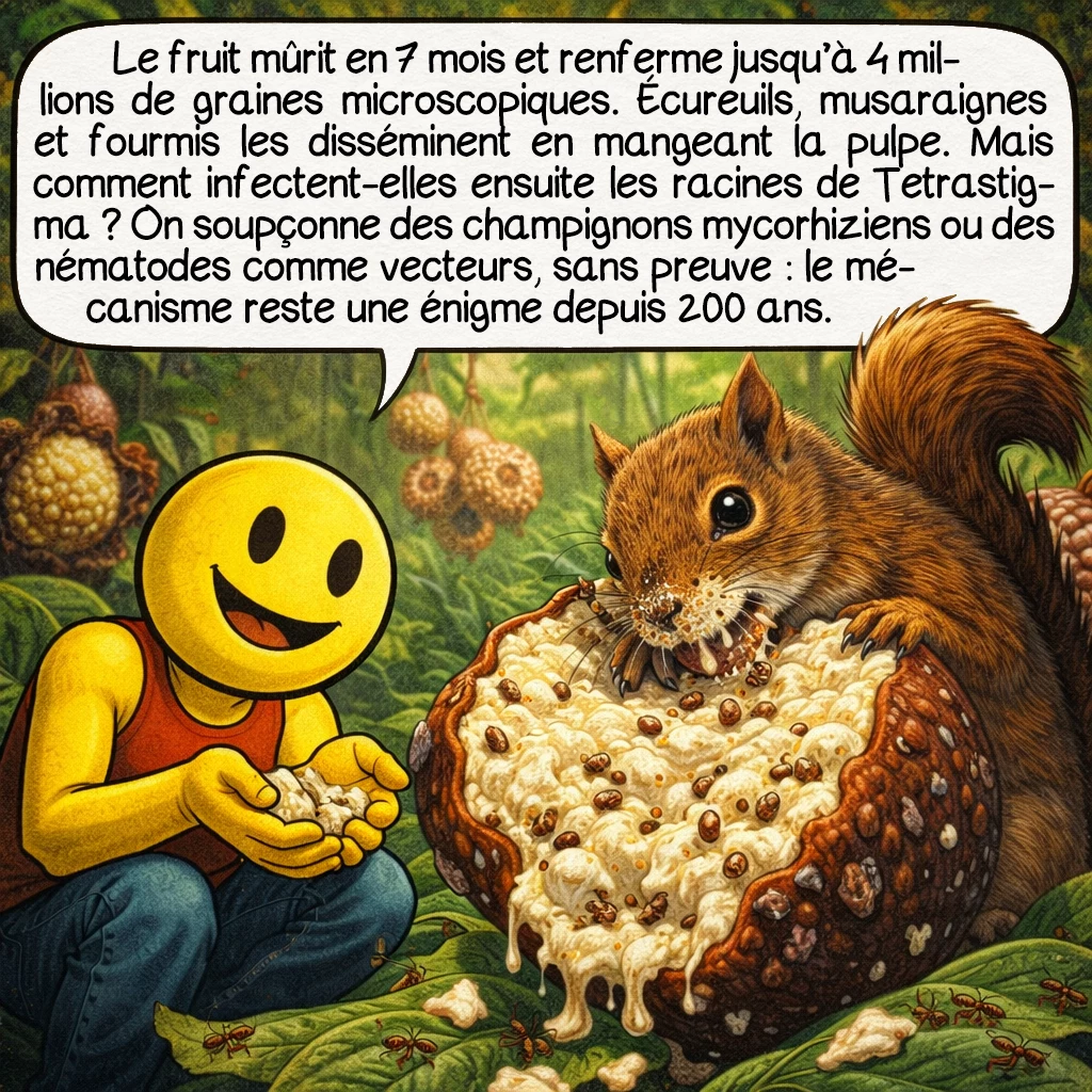 La rafflésie, case 6 : Le fruit met 7 mois à mûrir et contient jusqu’à 4 millions de graines microscopiques ! Écureuils, musaraignes et fourmis dispersent ces graines en consommant la pulpe nutritive. Mais comment les graines infectent-elles ensuite les racines de Tetrastigma ? Les chercheurs soupçonnent l’intervention de champignons mycorhiziens ou de nématodes comme vecteurs, mais le mécanisme exact reste une énigme scientifique non résolue depuis 200 ans.