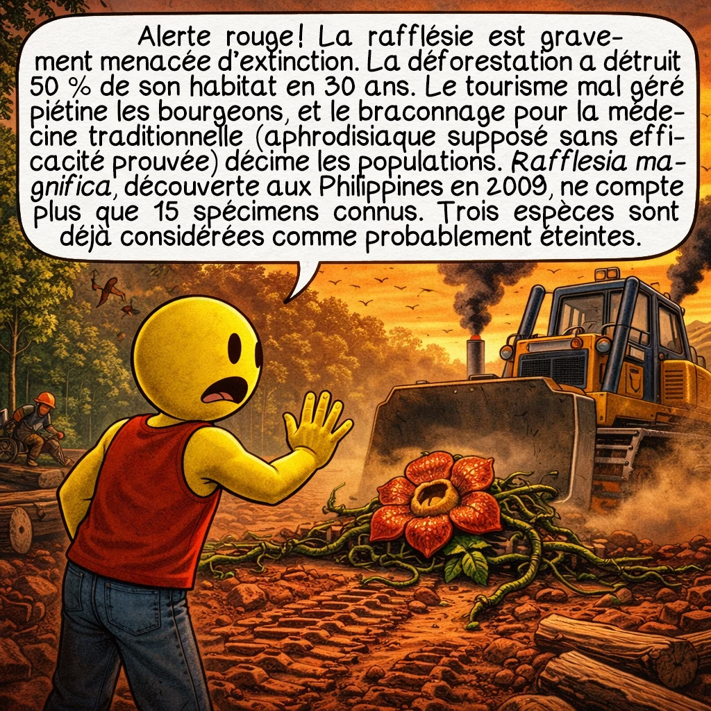 La rafflésie, case 7 : Alerte rouge ! La rafflésie est gravement menacée d’extinction. La déforestation a détruit 50 % de son habitat en 30 ans. Le tourisme mal géré piétine les bourgeons, et le braconnage pour la médecine traditionnelle (aphrodisiaque supposé sans efficacité prouvée) décime les populations. Rafflesia magnifica, découverte aux Philippines en 2009, ne compte plus que 15 spécimens connus. Trois espèces sont déjà considérées comme probablement éteintes.