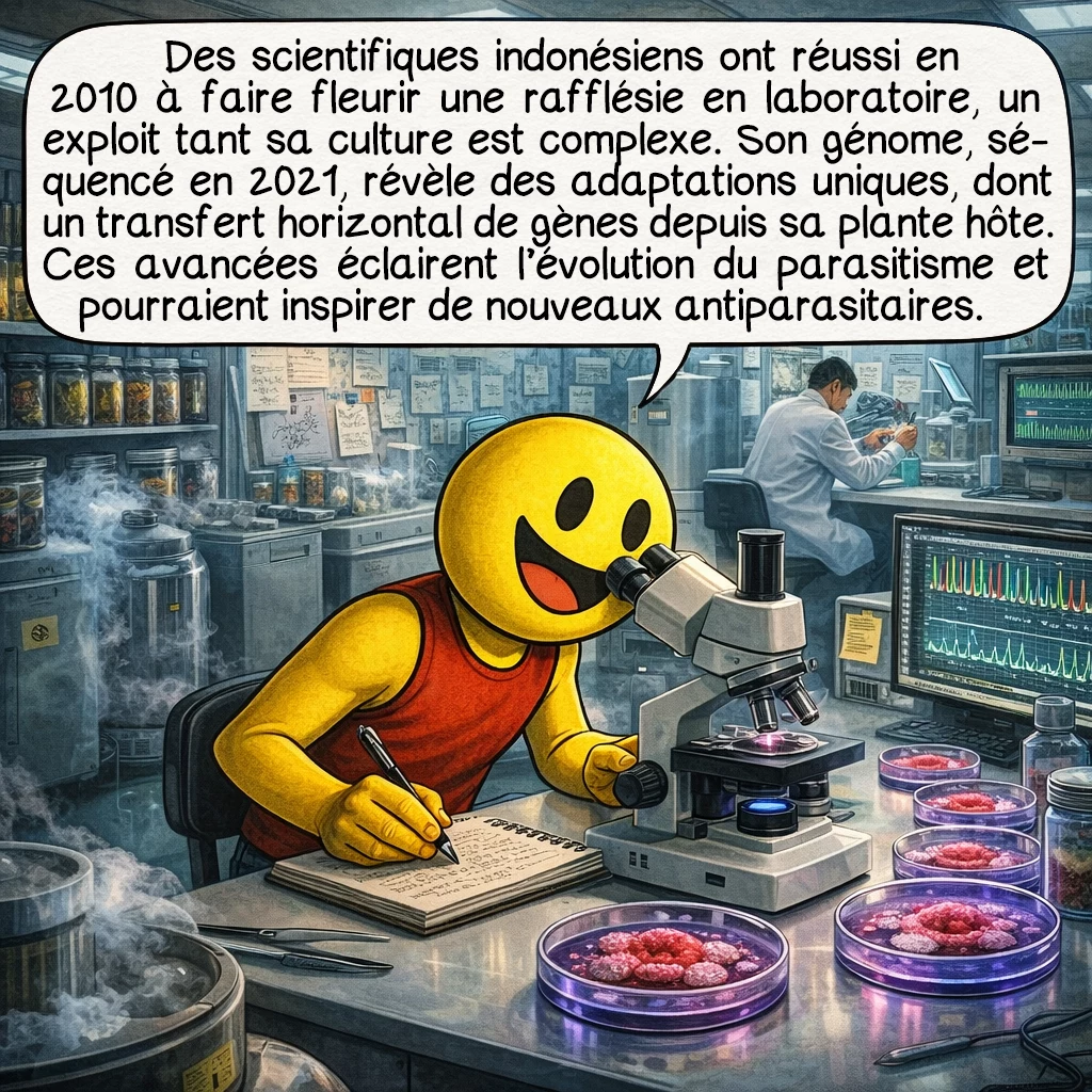 La rafflésie, case 8 : Les scientifiques indonésiens ont réussi l’impossible en 2010 : faire fleurir une rafflésie en laboratoire ! Mais la culture reste extrêmement difficile. Le génome séquencé en 2021 révèle des adaptations génétiques uniques, incluant le vol horizontal de gènes de la plante hôte. Ces découvertes ouvrent des pistes pour la conservation, mais aussi pour comprendre l’évolution du parasitisme et potentiellement développer de nouveaux médicaments antiparasitaires.