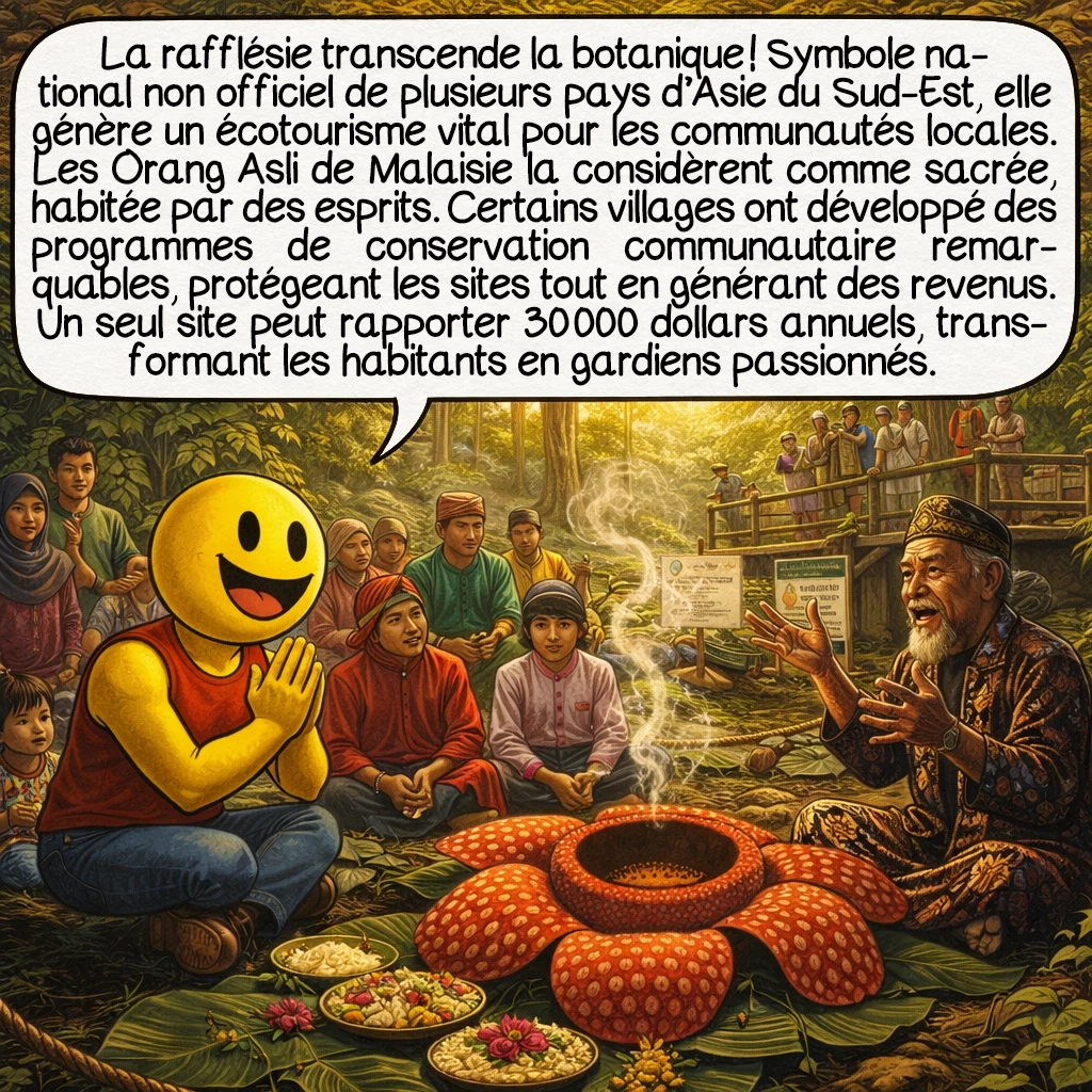 La rafflésie, case 9 : La rafflésie transcende la botanique ! Symbole national non officiel de plusieurs pays d’Asie du Sud-Est, elle génère un écotourisme vital pour les communautés locales. Les Orang Asli de Malaisie la considèrent comme sacrée, habitée par des esprits. Certains villages ont développé des programmes de conservation communautaire remarquables, protégeant les sites tout en générant des revenus. Un seul site peut rapporter 30 000 dollars annuels, transformant les habitants en gardiens passionnés.