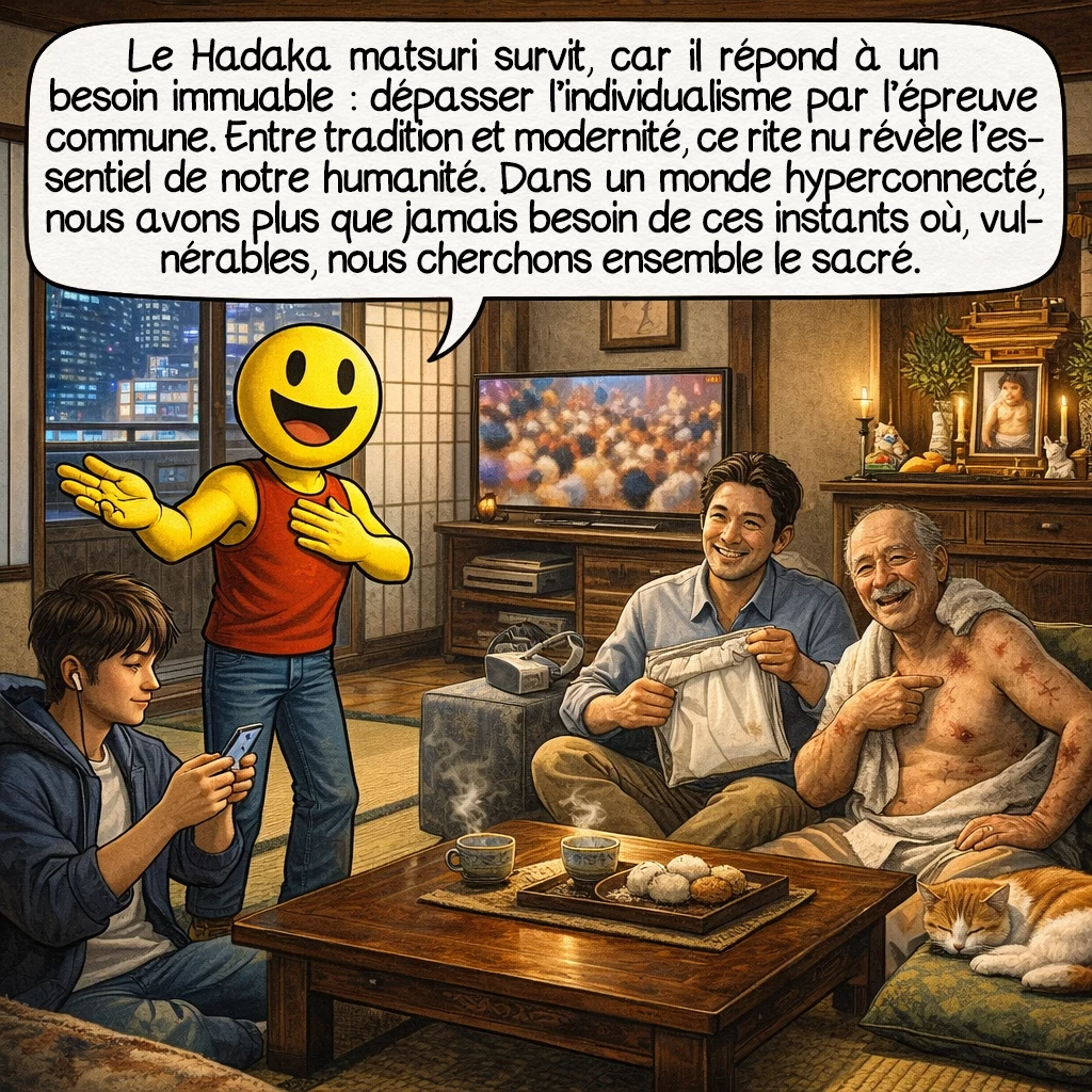 Hadaka matsuri, case 10 : Le Hadaka matsuri survit, car il répond à un besoin intemporel — transcender l’individualisme moderne par l’épreuve collective. Entre tradition millénaire et adaptations contemporaines, ce festival nu révèle notre humanité essentielle. Peut-être que, dans ce monde hyperconnecté, nous avons plus que jamais besoin de ces moments où nous ne sommes que des corps vulnérables cherchant ensemble le sacré.