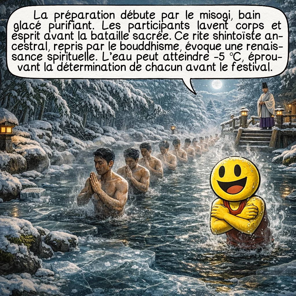 Hadaka matsuri, case 3 : La préparation commence par le misogi, purification par l’eau glacée. Les participants doivent nettoyer corps et esprit avant la bataille sacrée. Cette pratique shintoïste ancestrale, adoptée par le bouddhisme, symbolise la renaissance spirituelle. La température peut descendre à -5 °C, testant la détermination de chaque homme avant même le début du festival.