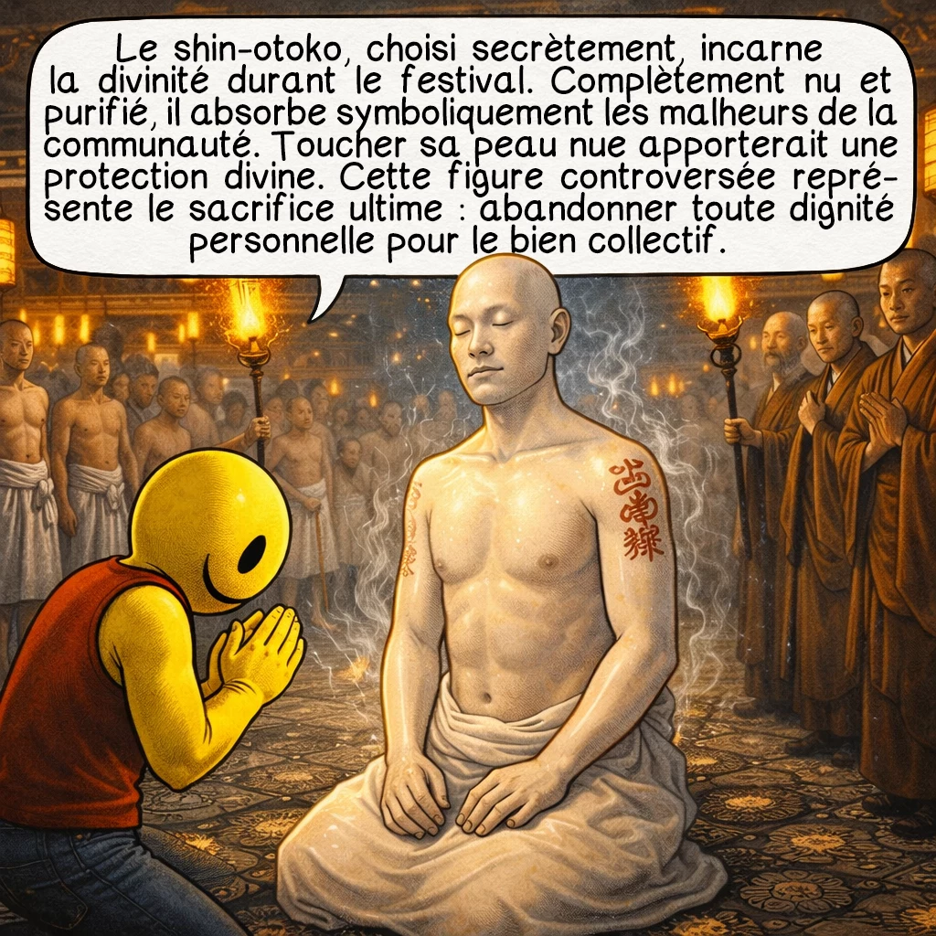 Hadaka matsuri, case 5 : Le shin-otoko, choisi secrètement, incarne la divinité durant le festival. Complètement nu et purifié, il absorbe symboliquement les malheurs de la communauté. Toucher sa peau nue apporterait une protection divine. Cette figure controversée représente le sacrifice ultime — abandonner toute dignité personnelle pour le bien collectif.
