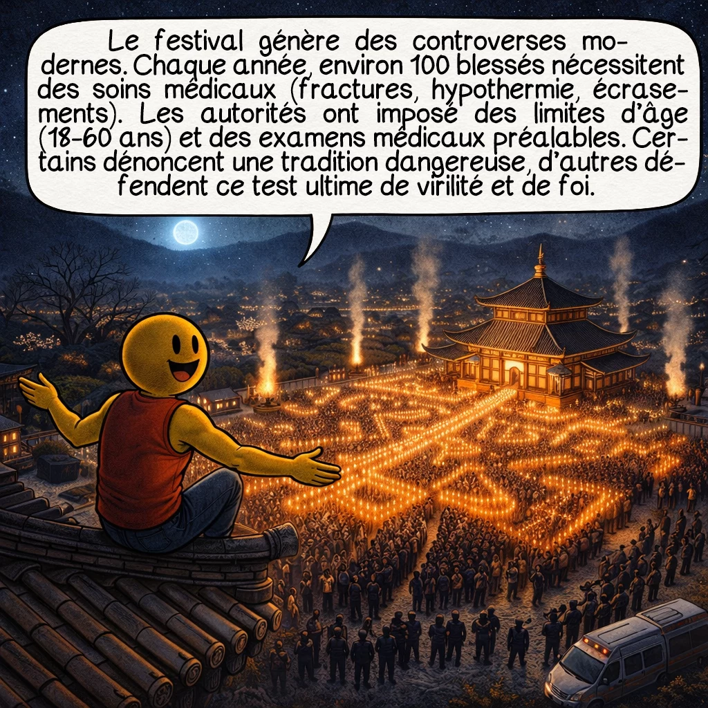 Hadaka matsuri, case 6 : Le festival génère des controverses modernes. Chaque année, environ 100 blessés nécessitent des soins médicaux — fractures, hypothermie, écrasements. Les autorités ont imposé des limites d’âge (18-60 ans) et des examens médicaux préalables. Certains dénoncent une tradition dangereuse, d’autres défendent ce test ultime de virilité et de foi.