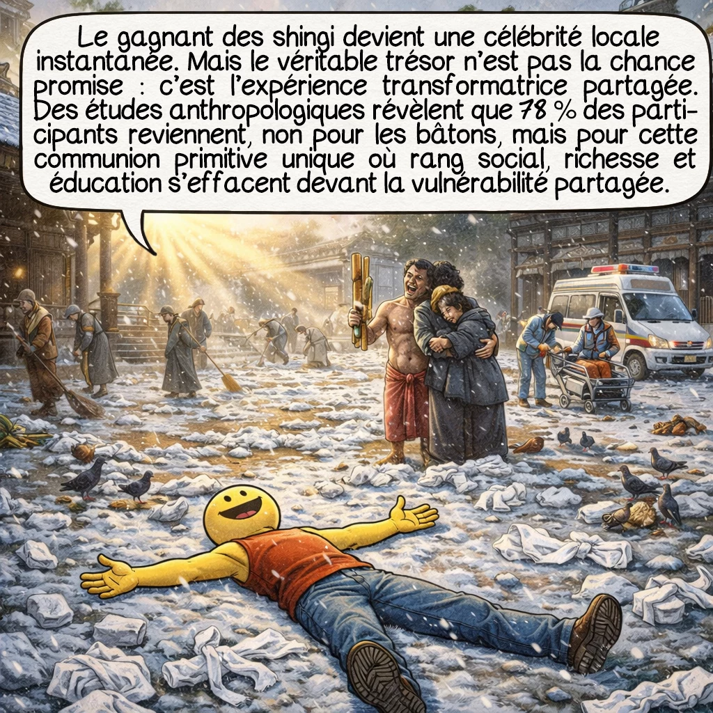 Hadaka matsuri, case 9 : Le gagnant des shingi devient une célébrité locale instantanée. Mais le véritable trésor n’est pas la chance promise — c’est l’expérience transformatrice partagée. Des études anthropologiques révèlent que 78 % des participants reviennent, non pour les bâtons, mais pour cette communion primitive unique où rang social, richesse et éducation s’effacent devant la vulnérabilité partagée.