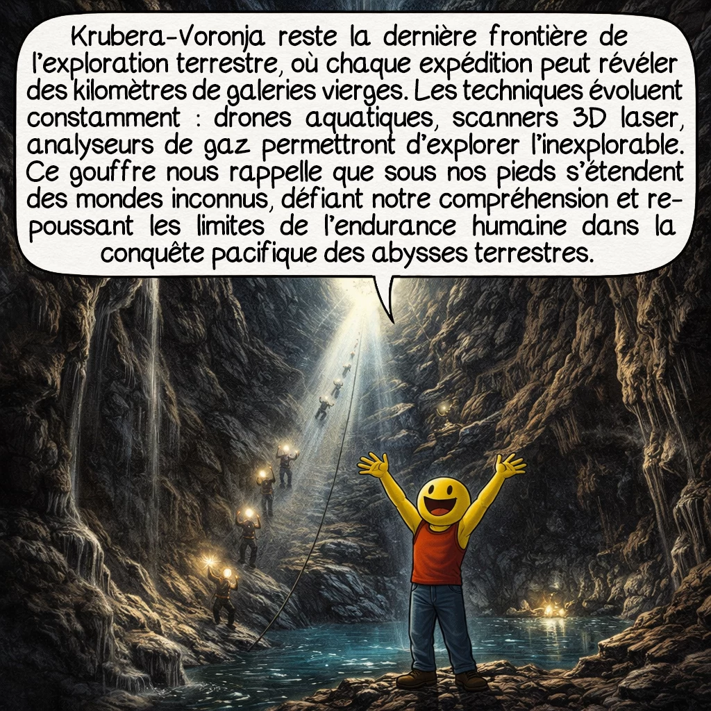 Le gouffre Krubera-Voronja, case 10 : Krubera-Voronja reste la dernière frontière de l’exploration terrestre, où chaque expédition peut révéler des kilomètres de galeries vierges. Les techniques évoluent constamment : drones aquatiques, scanners 3D laser, analyseurs de gaz permettront d’explorer l’inexplorable. Ce gouffre nous rappelle que sous nos pieds s’étendent des mondes inconnus, défiant notre compréhension et repoussant les limites de l’endurance humaine dans la conquête pacifique des abysses terrestres.