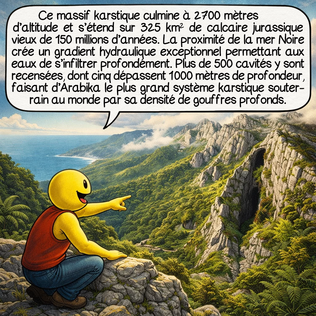 Le gouffre Krubera-Voronja, case 2 : Ce massif karstique culmine à 2 700 mètres d’altitude et s’étend sur 325 km² de calcaire jurassique vieux de 150 millions d’années. La proximité de la mer Noire crée un gradient hydraulique exceptionnel permettant aux eaux de s’infiltrer profondément. Plus de 500 cavités y sont recensées, dont cinq dépassent 1 000 mètres de profondeur, faisant d’Arabika le plus grand système karstique souterrain au monde par sa densité de gouffres profonds.