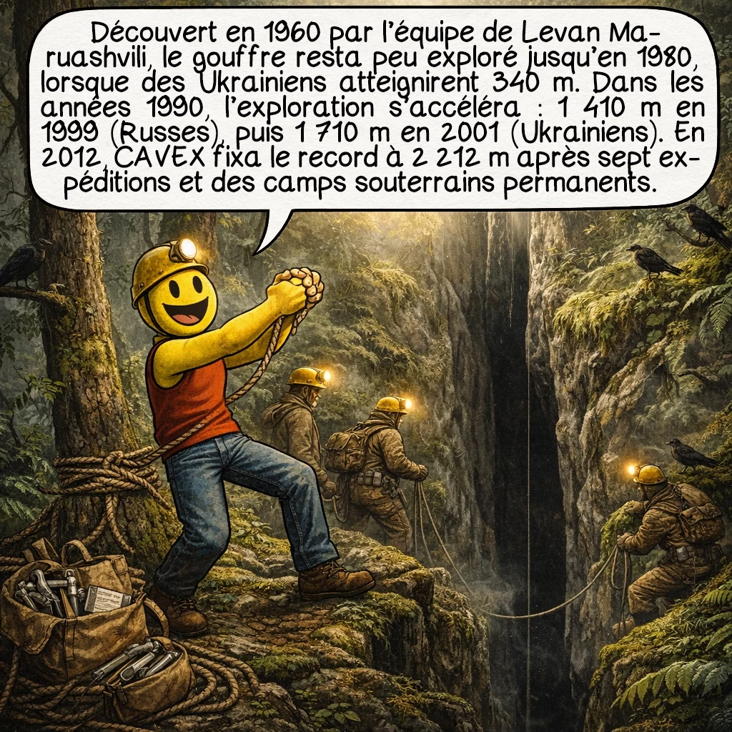 Le gouffre Krubera-Voronja, case 3 : Découvert en 1960 par l’expédition de Levan Maruashvili, le gouffre resta peu exploré jusqu’en 1980, quand les Ukrainiens atteignirent 340 mètres. L’exploration s’accéléra dans les années 1990 : les Russes touchèrent 1 410 mètres en 1999, puis les Ukrainiens franchirent 1 710 mètres en 2001. L’équipe CAVEX établit le record actuel de 2 212 mètres en 2012, après sept expéditions et l’installation de camps souterrains permanents.