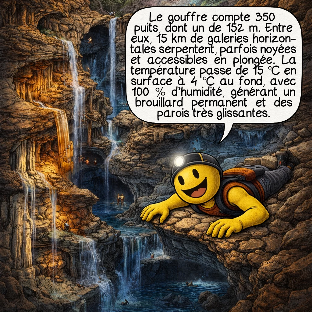 Le gouffre Krubera-Voronja, case 4 : Le gouffre combine 350 puits verticaux totalisant 1 650 mètres de dénivelé pur, le plus profond mesurant 152 mètres. Entre ces puits, 15 kilomètres de galeries horizontales serpentent, certaines noyées nécessitant la plongée. La température chute de 15 °C en surface à 4 °C au fond, avec une humidité constante de 100 %, créant un brouillard permanent dans certaines zones et rendant les parois extrêmement glissantes.