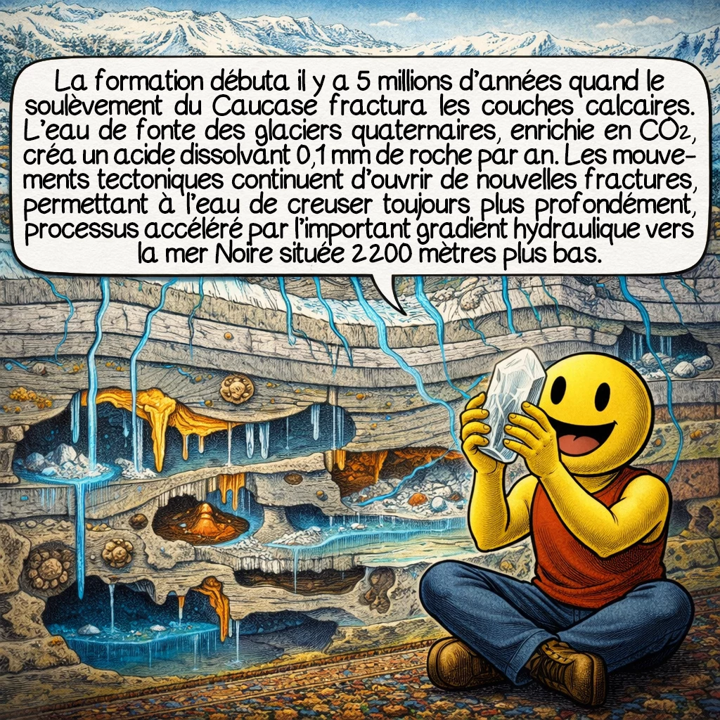 Le gouffre Krubera-Voronja, case 5 : La formation débuta il y a 5 millions d’années quand le soulèvement du Caucase fractura les couches calcaires. L’eau de fonte des glaciers quaternaires, enrichie en CO2, créa un acide carbonique dissolvant 0,1 mm de roche par an. Les mouvements tectoniques continuent d’ouvrir de nouvelles fractures, permettant à l’eau de creuser toujours plus profondément, processus accéléré par l’important gradient hydraulique vers la mer Noire située 2 200 mètres plus bas.