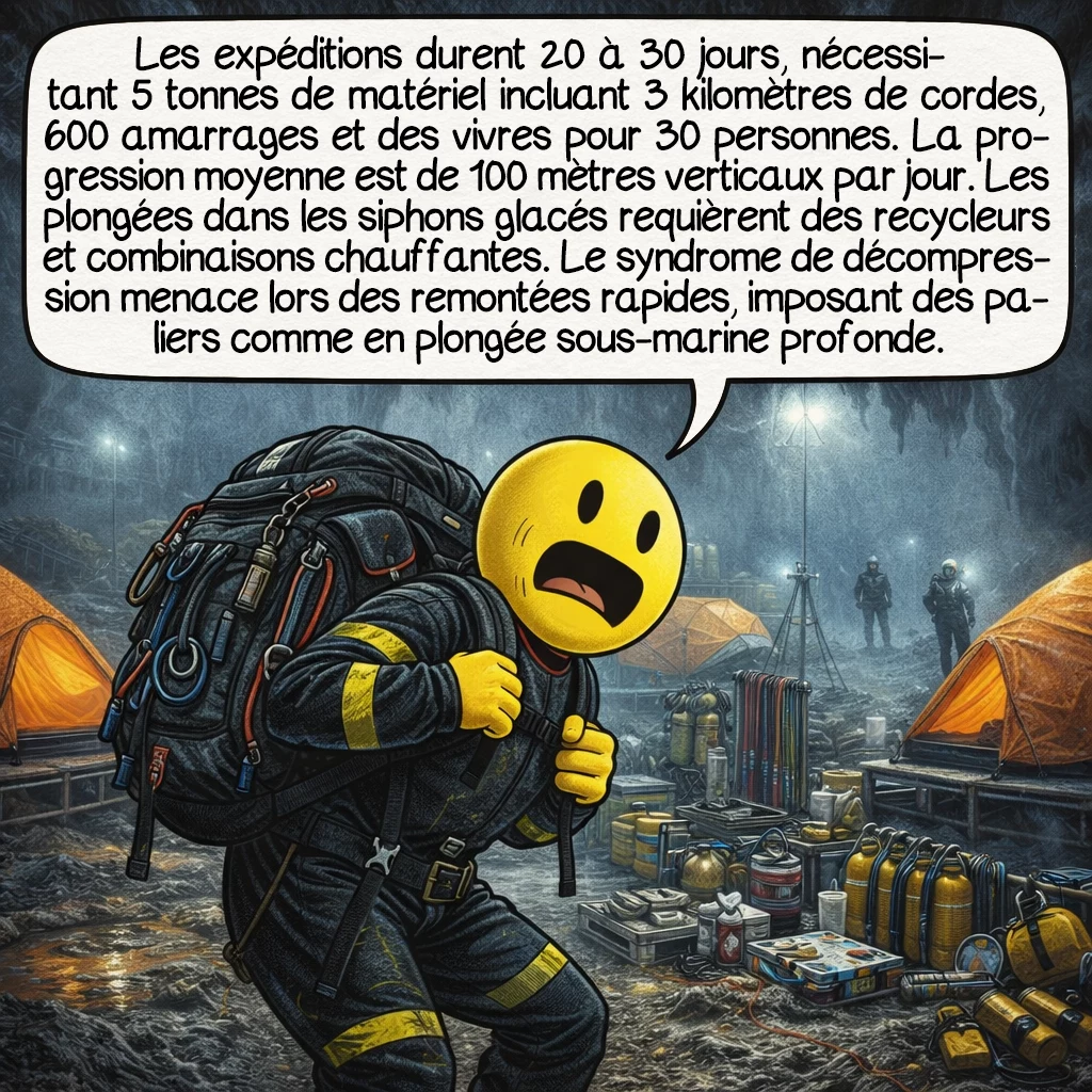 Le gouffre Krubera-Voronja, case 6 : Les expéditions durent 20 à 30 jours, nécessitant 5 tonnes de matériel incluant 3 kilomètres de cordes, 600 amarrages et des vivres pour 30 personnes. La progression moyenne est de 100 mètres verticaux par jour. Les plongées dans les siphons glacés requièrent des recycleurs et combinaisons chauffantes. Le syndrome de décompression menace lors des remontées rapides, imposant des paliers comme en plongée sous-marine profonde.