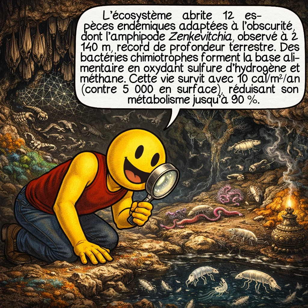 Le gouffre Krubera-Voronja, case 7 : L’écosystème compte 12 espèces endémiques adaptées à l’obscurité totale, dont l’amphipode Zenkevitchia jusqu’à 2 140 mètres, record mondial de profondeur pour un animal terrestre. Les bactéries chimiotrophes constituent la base alimentaire, oxydant le sulfure d’hydrogène et le méthane. Cette vie primitive survit avec seulement 10 calories par mètre carré par an, contre 5 000 en surface, ralentissant leur métabolisme jusqu’à 90 %.