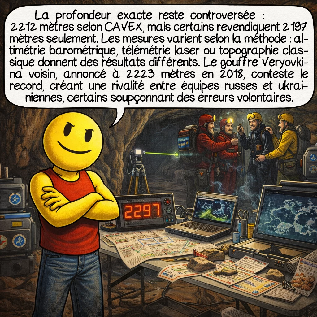 Le gouffre Krubera-Voronja, case 8 : La profondeur exacte reste controversée : 2 212 mètres selon CAVEX, mais certains revendiquent 2 197 mètres seulement. Les mesures varient selon la méthode : altimétrie barométrique, télémétrie laser ou topographie classique donnent des résultats différents. Le gouffre Veryovkina voisin, annoncé à 2 223 mètres en 2018, conteste le record, créant une rivalité entre équipes russes et ukrainiennes, certains soupçonnant des erreurs volontaires.