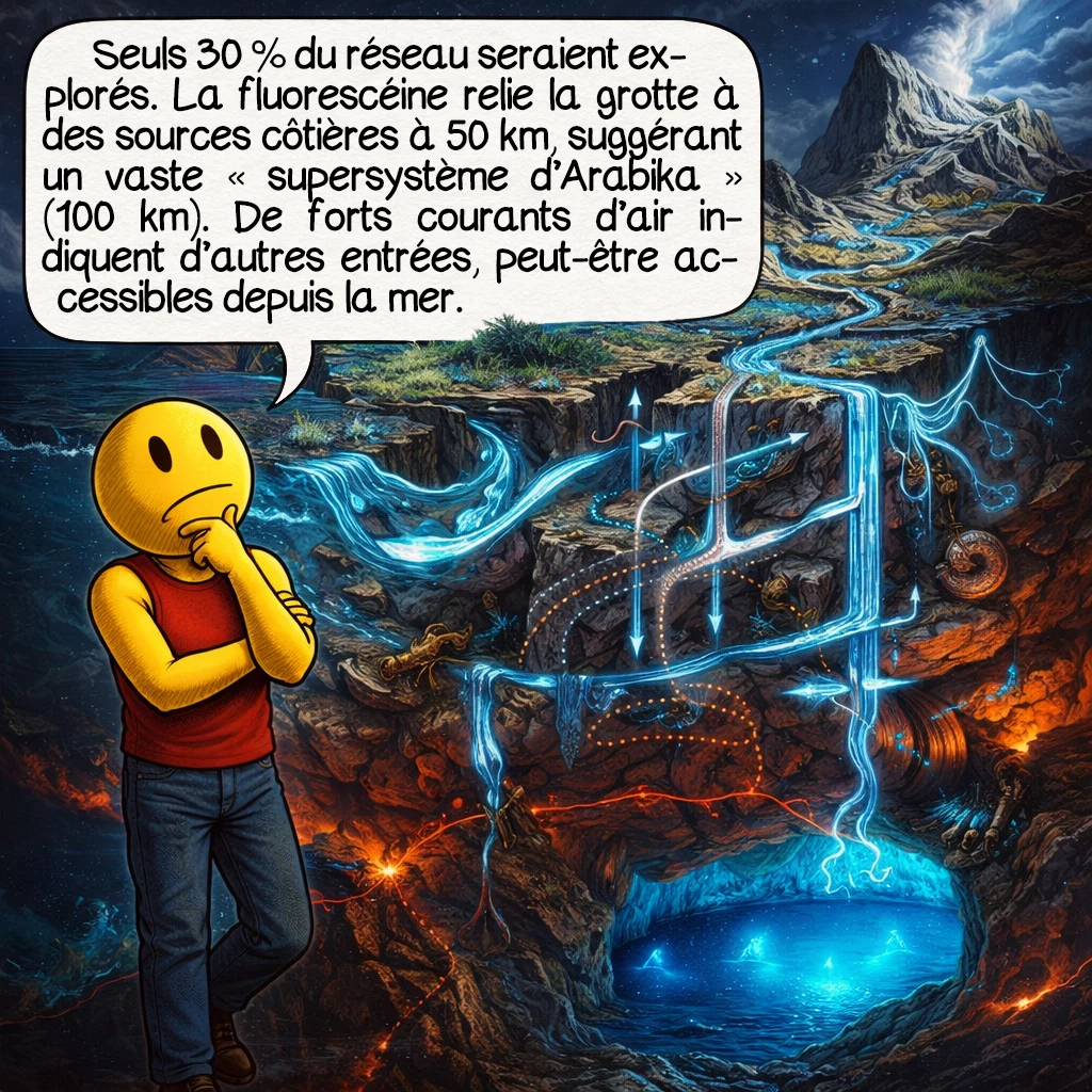 Le gouffre Krubera-Voronja, case 9 : Les spéléologues estiment n’avoir exploré que 30 % du réseau total. Des colorations à la fluorescéine prouvent des connexions avec des sources côtières à 50 km, suggérant un système hydrogéologique gigantesque. La théorie du « supersystème d’Arabika » prédit l’existence d’un réseau unifié de 100 km de développement. Les courants d’air violents indiquent d’autres entrées non découvertes, possiblement accessibles uniquement par plongée depuis la mer.