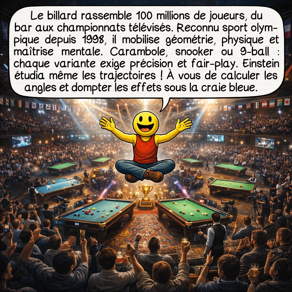 Le billard, case 10 : Le billard unit 100 millions de pratiquants mondiaux, du bar de quartier aux championnats télévisés ! Sport olympique reconnu depuis 1998, il développe géométrie spatiale, physique des impacts et maîtrise mentale. Que vous préfériez les séries millimétrées de la carambole, la stratégie du snooker ou l’adrénaline du 9-ball, chaque variante cultive précision et fair-play. Einstein lui-même théorisa les trajectoires ! Alors, prêts à calculer vos angles, maîtriser vos effets et rejoindre cette confrérie où la craie bleue parfume les victoires ?