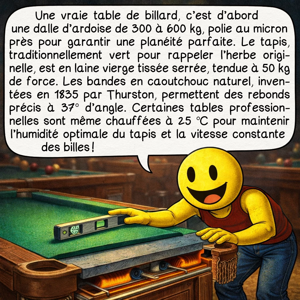 Le billard, case 3 : Une vraie table de billard, c’est d’abord une dalle d’ardoise de 300 à 600 kg, polie au micron près pour garantir une planéité parfaite. Le tapis, traditionnellement vert pour rappeler l’herbe originelle, est en laine vierge tissée serrée, tendue à 50 kg de force. Les bandes en caoutchouc naturel, inventées en 1835 par Thurston, permettent des rebonds précis à 37° d’angle. Certaines tables professionnelles sont même chauffées à 25 °C pour maintenir l’humidité optimale du tapis et la vitesse constante des billes !