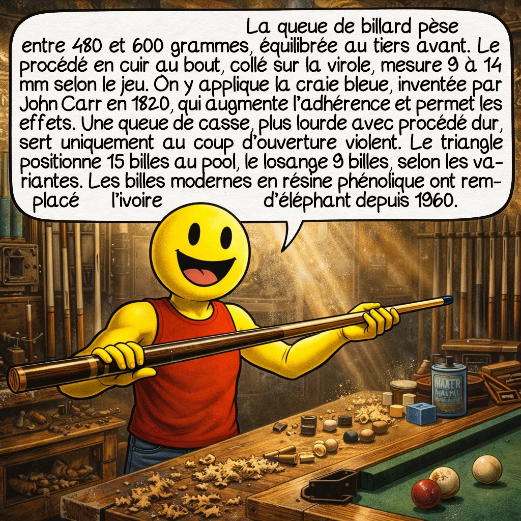 Le billard, case 4 : La queue de billard pèse entre 480 et 600 grammes, équilibrée au tiers avant. Le procédé en cuir au bout, collé sur la virole, mesure 9 à 14 mm selon le jeu. On y applique la craie bleue — inventée par John Carr en 1820 — qui augmente l’adhérence et permet les effets. Une queue de casse, plus lourde avec procédé dur, sert uniquement au coup d’ouverture violent. Le triangle positionne 15 billes au pool, le losange 9 billes au billard français. Les billes modernes en résine phénolique ont remplacé l’ivoire d’éléphant depuis 1960.