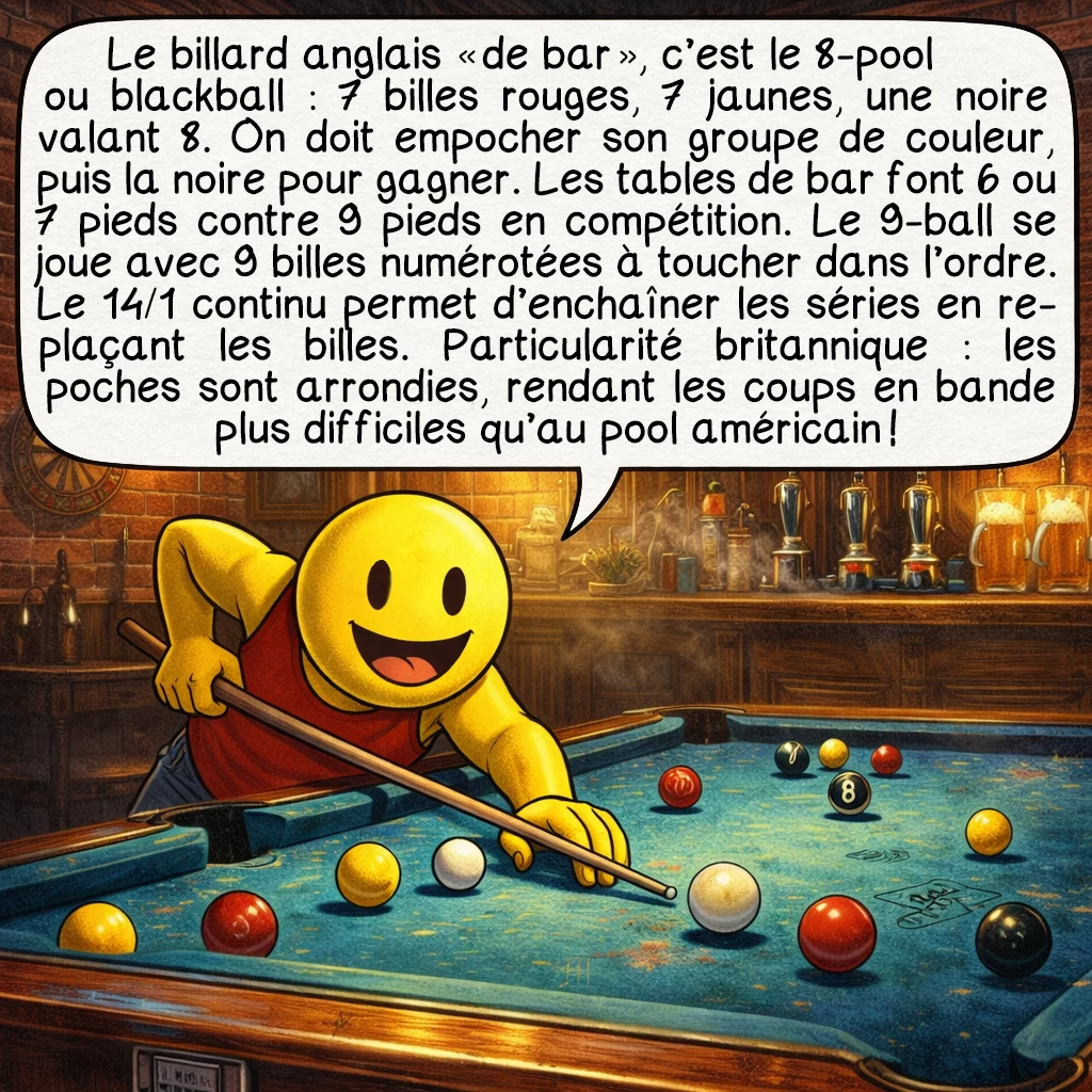 Le billard, case 5 : Le billard anglais « de bar », c’est le 8-pool ou blackball : 7 billes rouges, 7 jaunes, une noire valant 8. On doit empocher son groupe de couleur, puis la noire pour gagner. Les tables de bar font 6 ou 7 pieds contre 9 pieds en compétition. Le 9-ball se joue avec 9 billes numérotées à toucher dans l’ordre. Le 14,1 continu permet d’enchaîner les séries en replaçant les billes. Particularité britannique : les poches sont arrondies, rendant les coups en bande plus difficiles qu’au pool américain !
