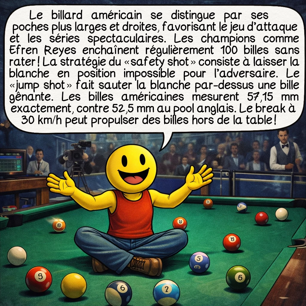 Le billard, case 6 : Le billard américain se distingue par ses poches plus larges et droites, favorisant le jeu d’attaque et les séries spectaculaires. Les champions comme Efren Reyes enchaînent régulièrement 100 billes sans rater ! La stratégie du « safety shot » consiste à laisser la blanche en position impossible pour l’adversaire. Le « jump shot » fait sauter la blanche par-dessus une bille gênante. Les billes américaines mesurent 57,15 mm exactement, contre 52,5 mm au pool anglais. Le break à 30 km/h peut propulser des billes hors de la table !