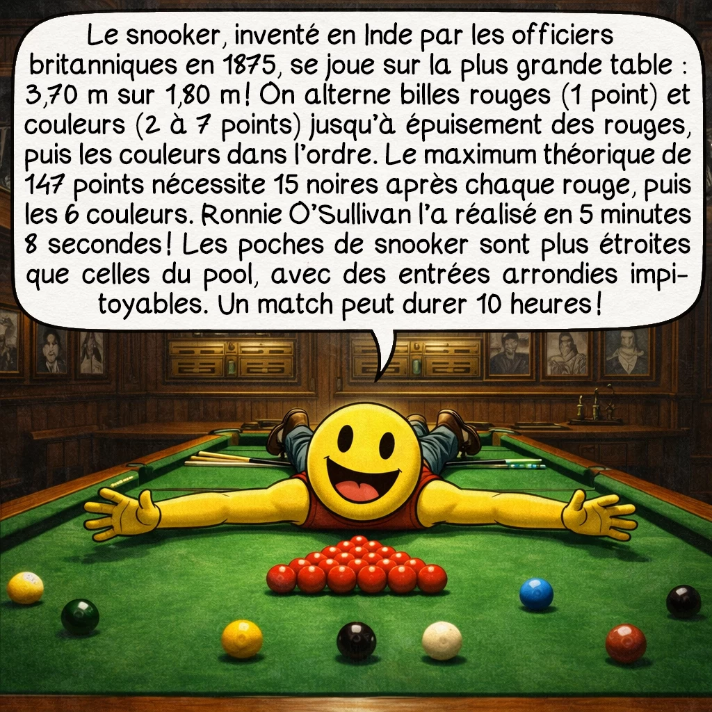 Le billard, case 7 : Le snooker, inventé en Inde par les officiers britanniques en 1875, se joue sur la plus grande table : 3,70 m sur 1,80 m ! On alterne billes rouges (1 point) et couleurs (2 à 7 points) jusqu’à épuisement des rouges, puis les couleurs dans l’ordre. Le maximum théorique de 147 points nécessite 15 noires après chaque rouge, puis les 6 couleurs. Ronnie O’Sullivan l’a réalisé en 5 minutes 8 secondes ! Les poches de snooker sont plus étroites que celles du pool, avec des entrées arrondies impitoyables. Un match peut durer 10 heures !