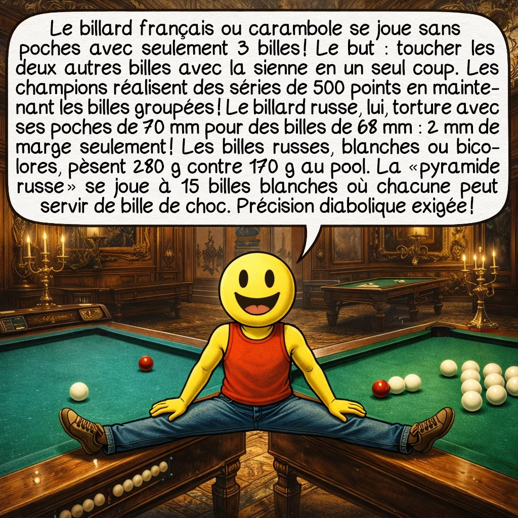Le billard, case 8 : Le billard français ou carambole se joue sans poches avec seulement 3 billes ! Le but : toucher les deux autres billes avec la sienne en un seul coup. Les champions réalisent des séries de 500 points en maintenant les billes groupées ! Le billard russe, lui, torture avec ses poches de 68-70 mm pour des billes de 68 mm — 2 mm de marge seulement ! Les billes russes, blanches ou bicolores, pèsent 280 g contre 170 g au pool. La « pyramide russe » se joue à 15 billes blanches où chacune peut servir de bille de choc. Précision diabolique exigée !